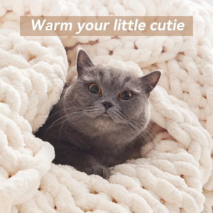 Negwoo Chunky Knit Throw Blanket, 50''*60'' Knitted Throw Chenille Yarn for Bed Couch, Handmade Cream Crochet Big Thick Blanket, Machine Washable Cute Comfy Blanket for Home Decor