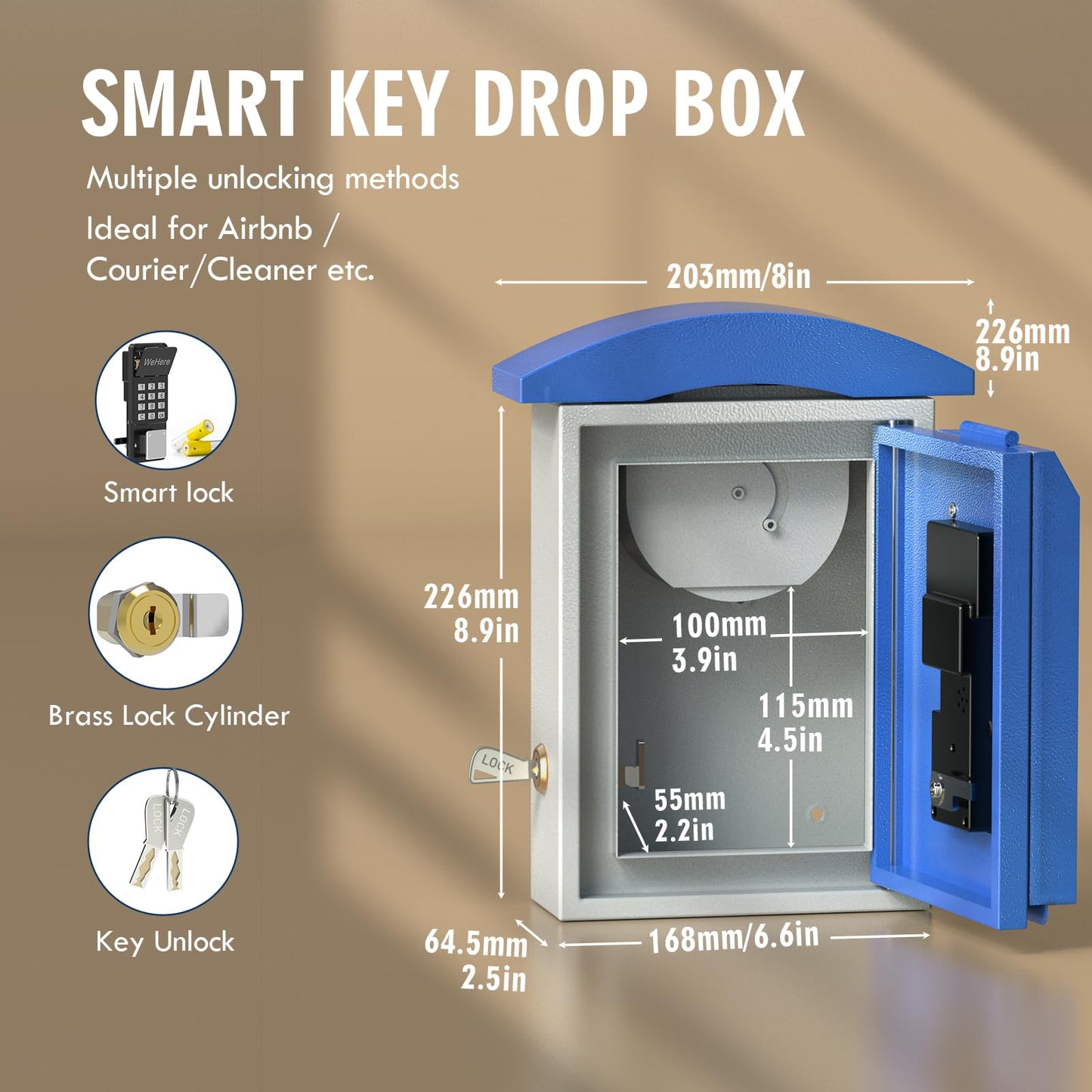 Key Lock Box Wall Mount with Key Drop Slot, Smart Digital Lockbox, OTP/APP Bluetooth/Wi-Fi/Fixed Code/Key Unlock, Key Safe Security Storage for House Outside, Realty Business, Apartment, Store