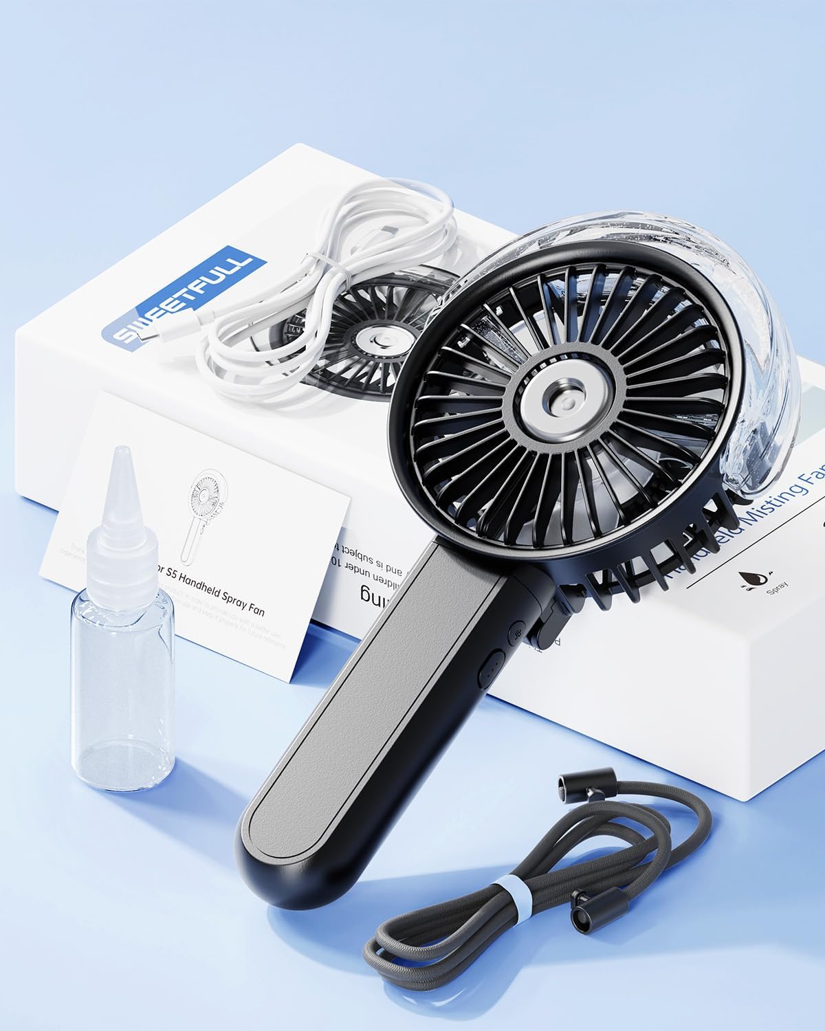 Sweetfull Portable Misting Fan - 180° Foldable Handheld Fan with Mist Spray, USB Rechargeable, 3 Speeds
