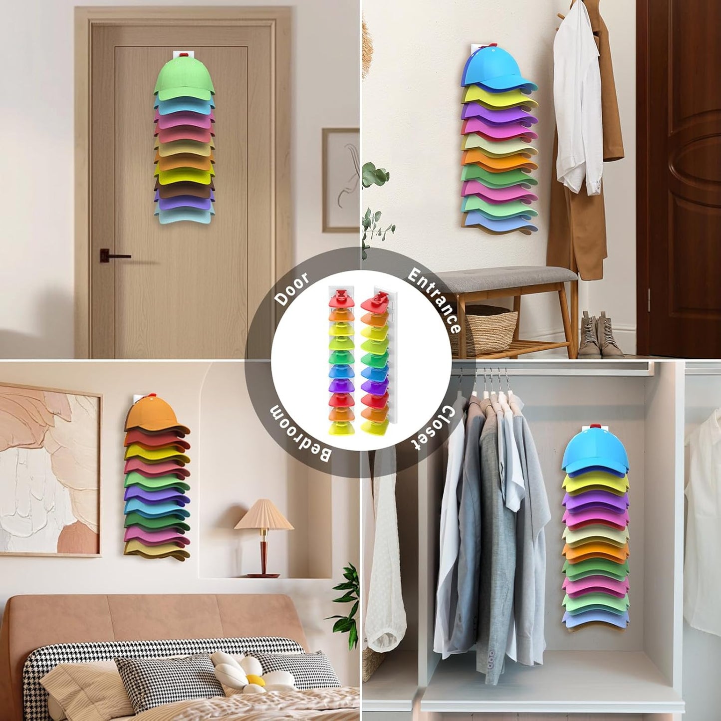 Volnamal Hat Organizer - 2 Pack Baseball Cap Rack Holds Up to 40 Hats | Space-Saving Wall Storage (White & Color)