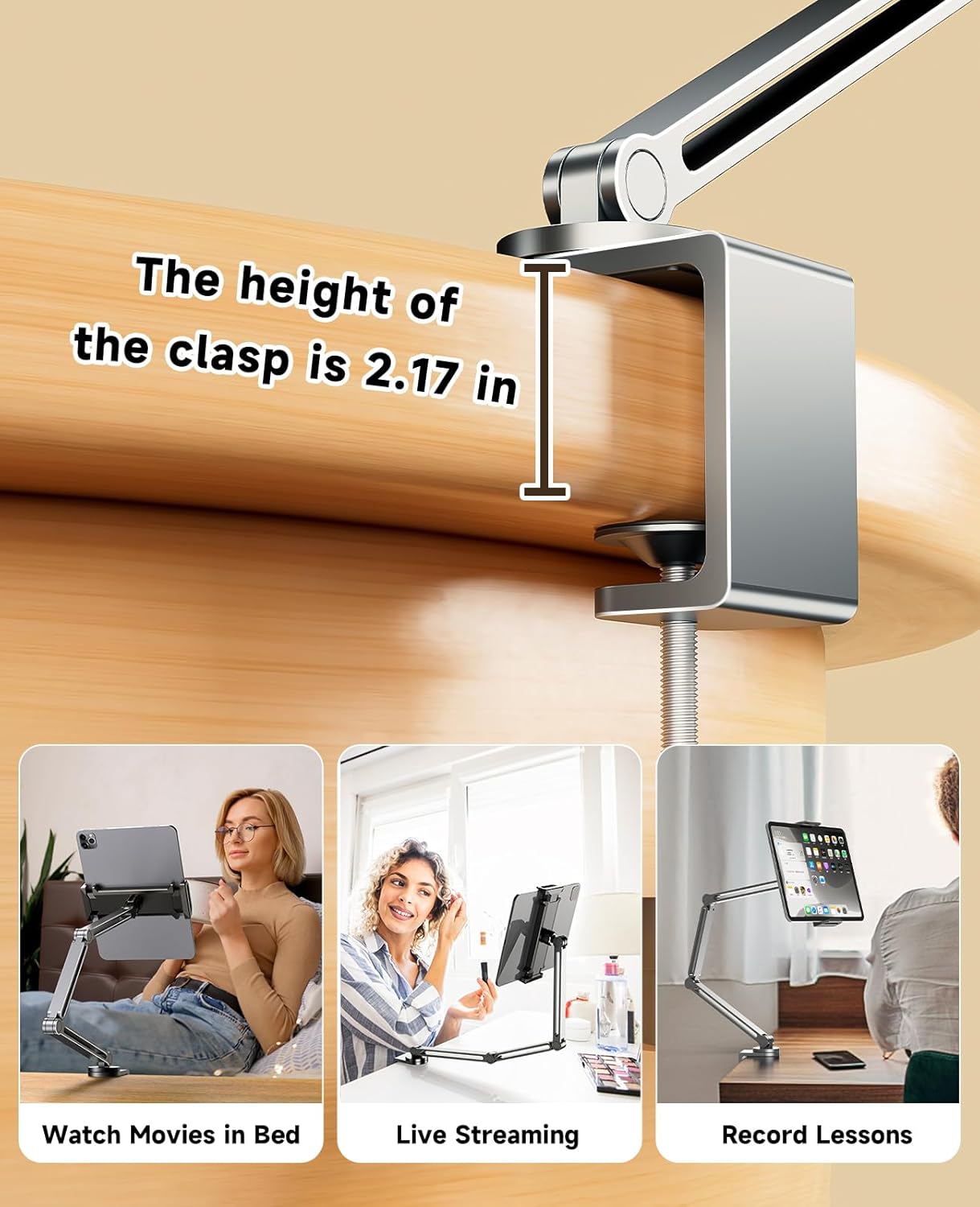YICOSUN 360 Tablet Arm Mount with Super Grip, Adjustable Foldable Holder & Heavy Duty Aluminum Rotating Clamp for iPad