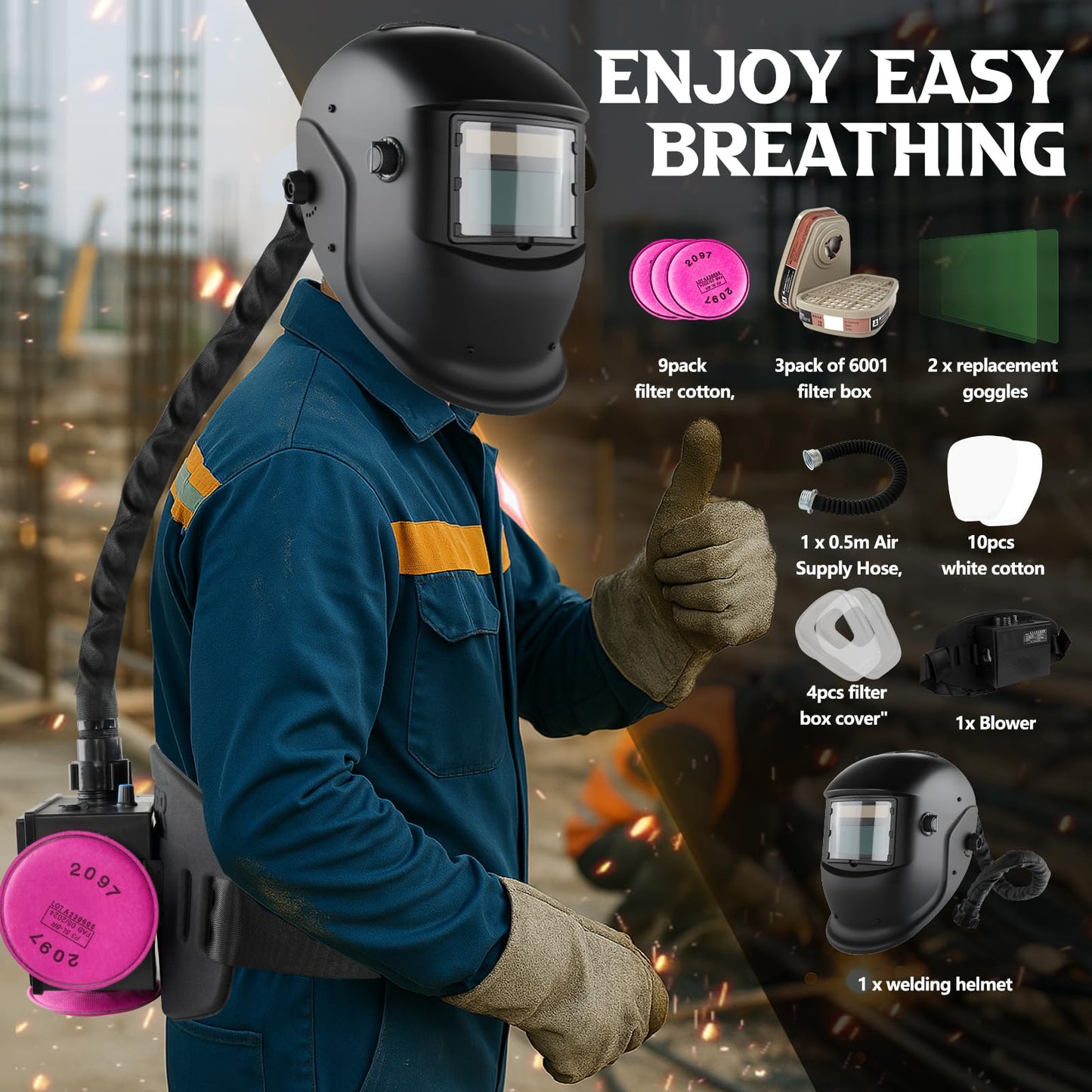 Owenri Welding Helmet Auto Darkening with Air Fed System, Powered Air Purifying Respirator (PAPR) True Color Welding Mask, Upgraded Arc Sensor 4/9-13 for TIG MIG ARC Welding Mask