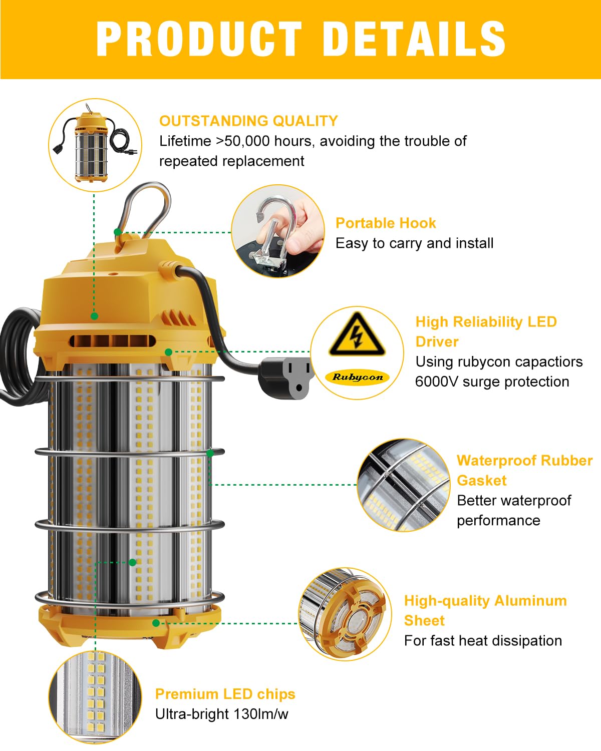 JC-LGL LED Temporary Work Light 150W 5000K 19,500lm Outdoor Construction Lights Job Site Lighting 10ft Cord Dust Waterproof Hanging Lighting
