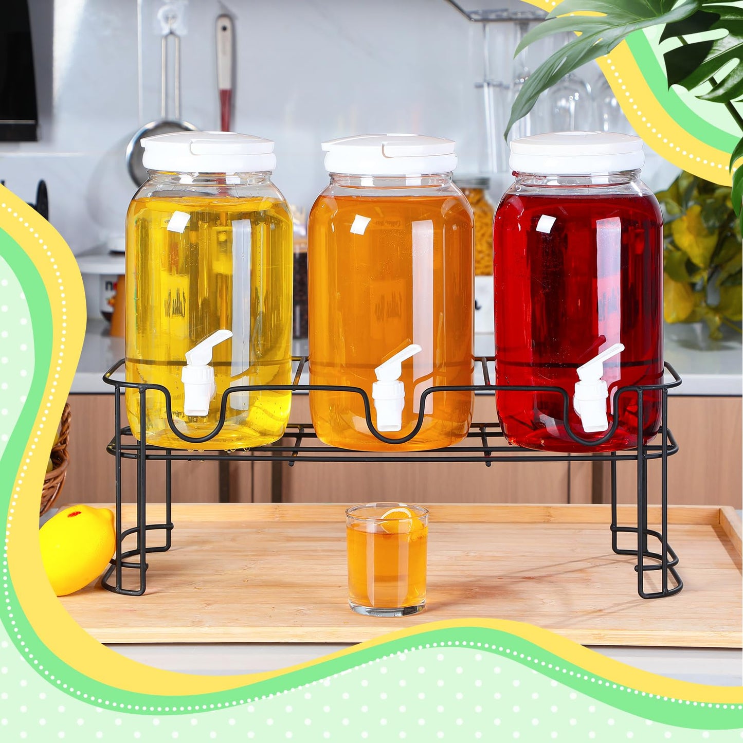 Tanlade 3 Pcs Plastic Drink Dispenser with Stand Beverage Dispenser with Sturdy Metal Base Juice Dispensers for Parties Lemonade Jar Spigot for Weddings Countertop, Each 1 Gallon(White)