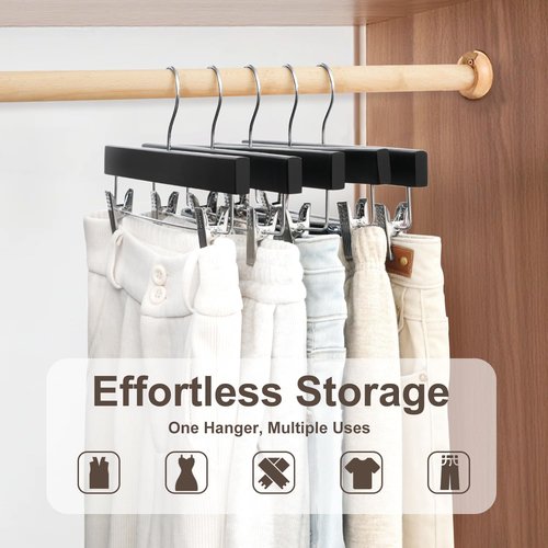 BAGAIL 20 Pack Wooden Pants Hangers - Adjustable Clips & 360° Swivel Hook for Space Saving (Black)