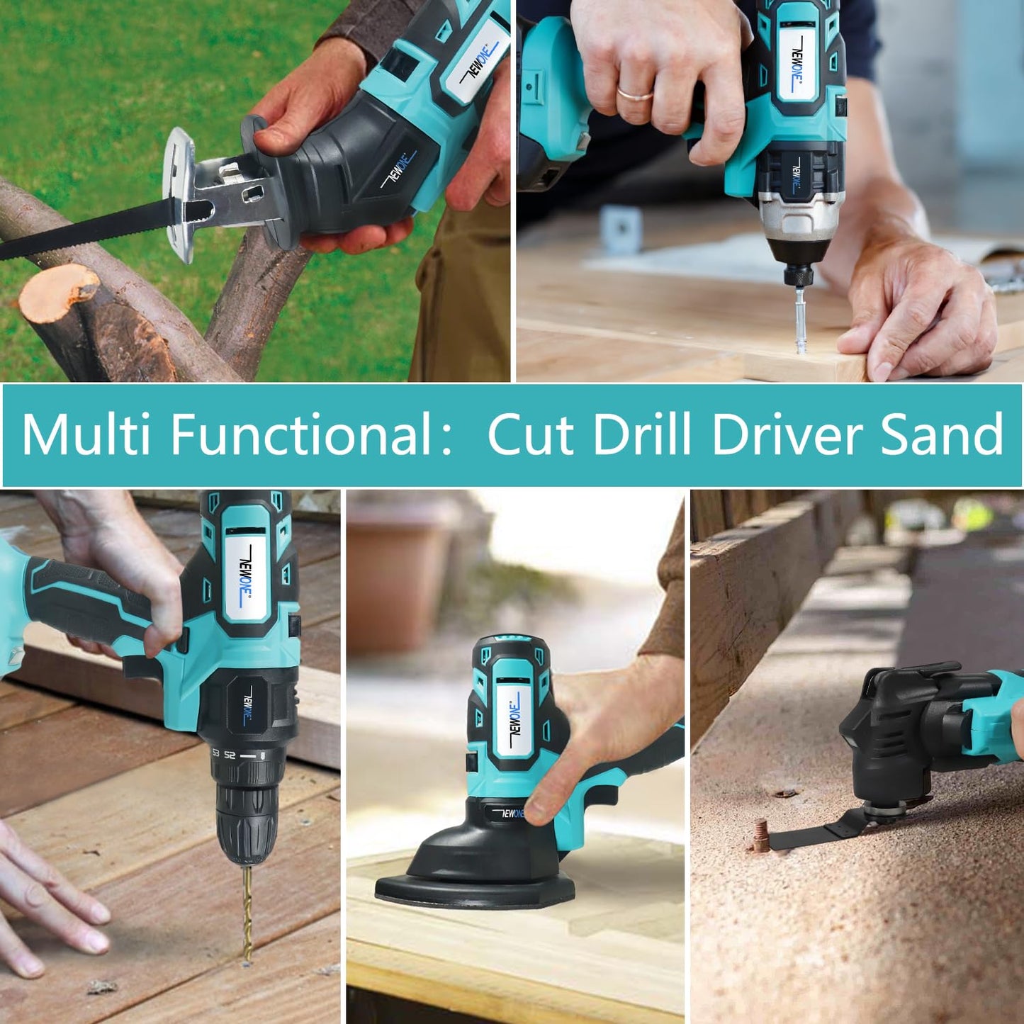 NEWONE 5-Tool Cordless Tool Combo Kit Compatible with Maki-ta 18V Battery,Tool Set with Drill, Reciprocating Saw, Driver, Oscillating Tool, Sander with Accessories, 2.0Ah Lithium Battery and Charger