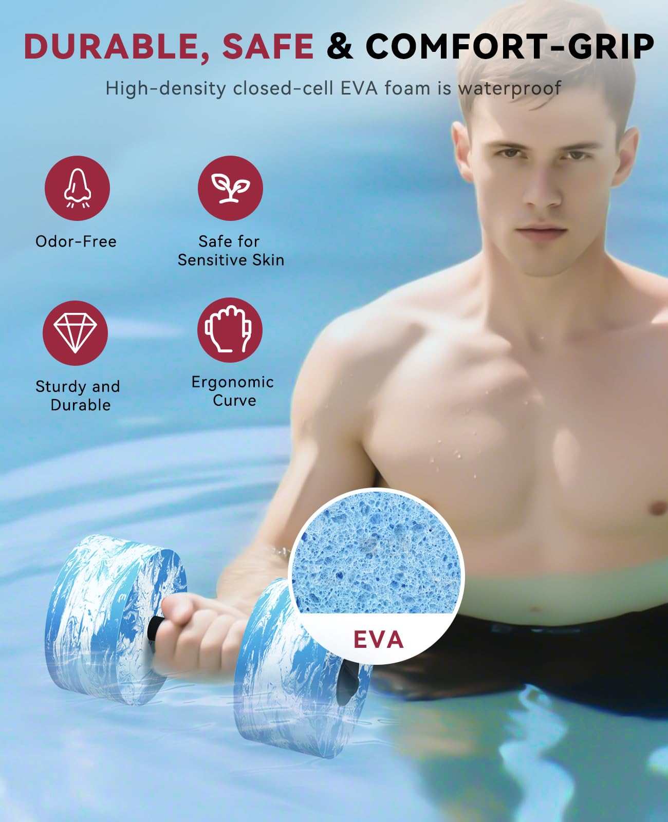 HAPBEAR 3-in-1 Aquatic Exercise Dumbbells, Adjustable Water Weights for Pool Exercise, High-Density EVA Foam Barbell for Water Aerobics Equipment, Physical Therapy & Joint-Friendly Strength Training