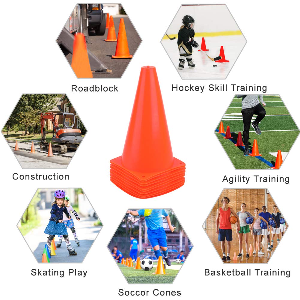 Fragraim 9 Inch Plastic Training Traffic Cones, Sport Cones, Agility Field Marker Cones for Soccer Basketball Football Drills Training, Outdoor Activity or Events - Set of 10, Orange