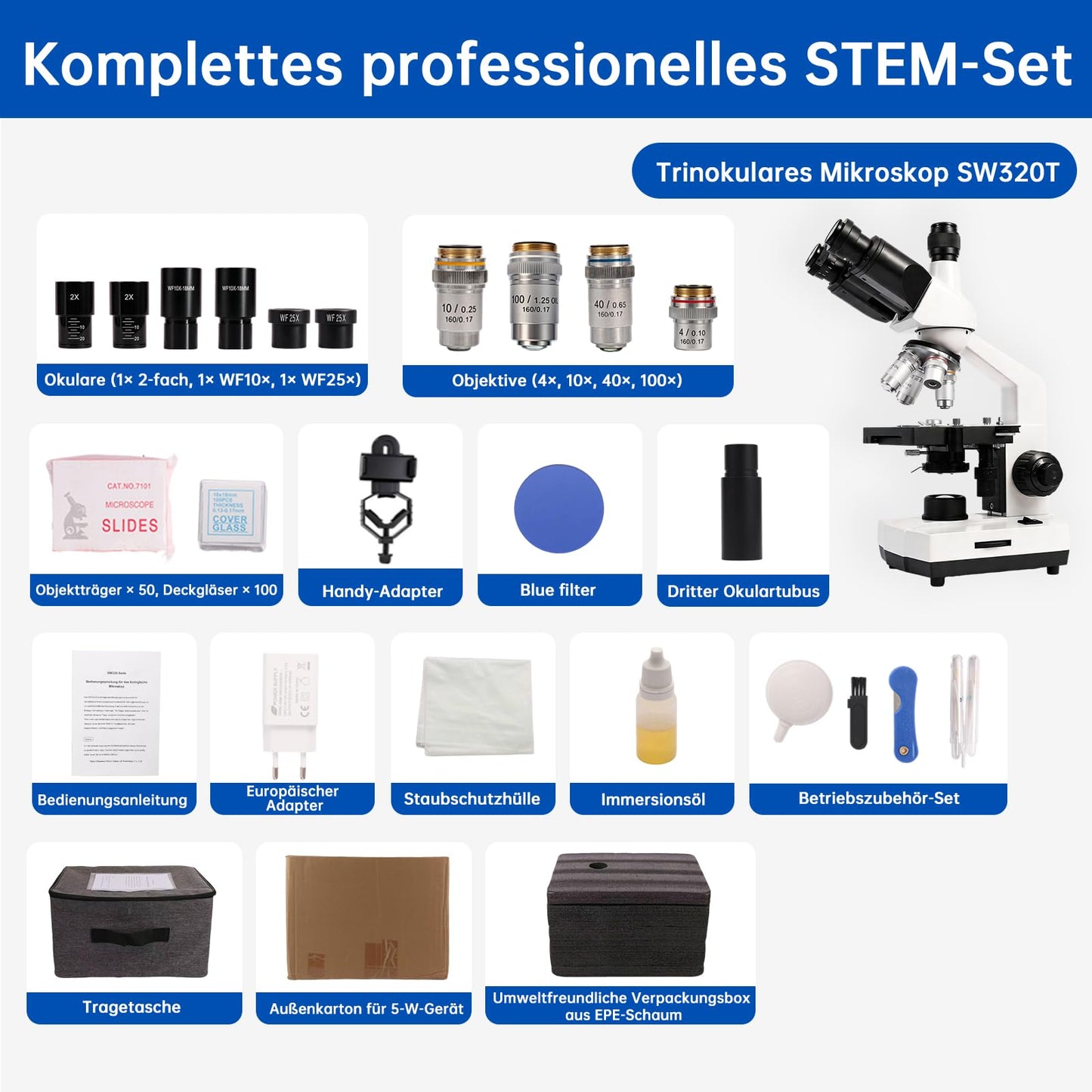 SWIFT Trinocular Microscope 40X-5000X for Adults & Students,Research-Grade with 2MP Camera, Carrying Case, Phone Adapter & Microscope Kit - Metal Body