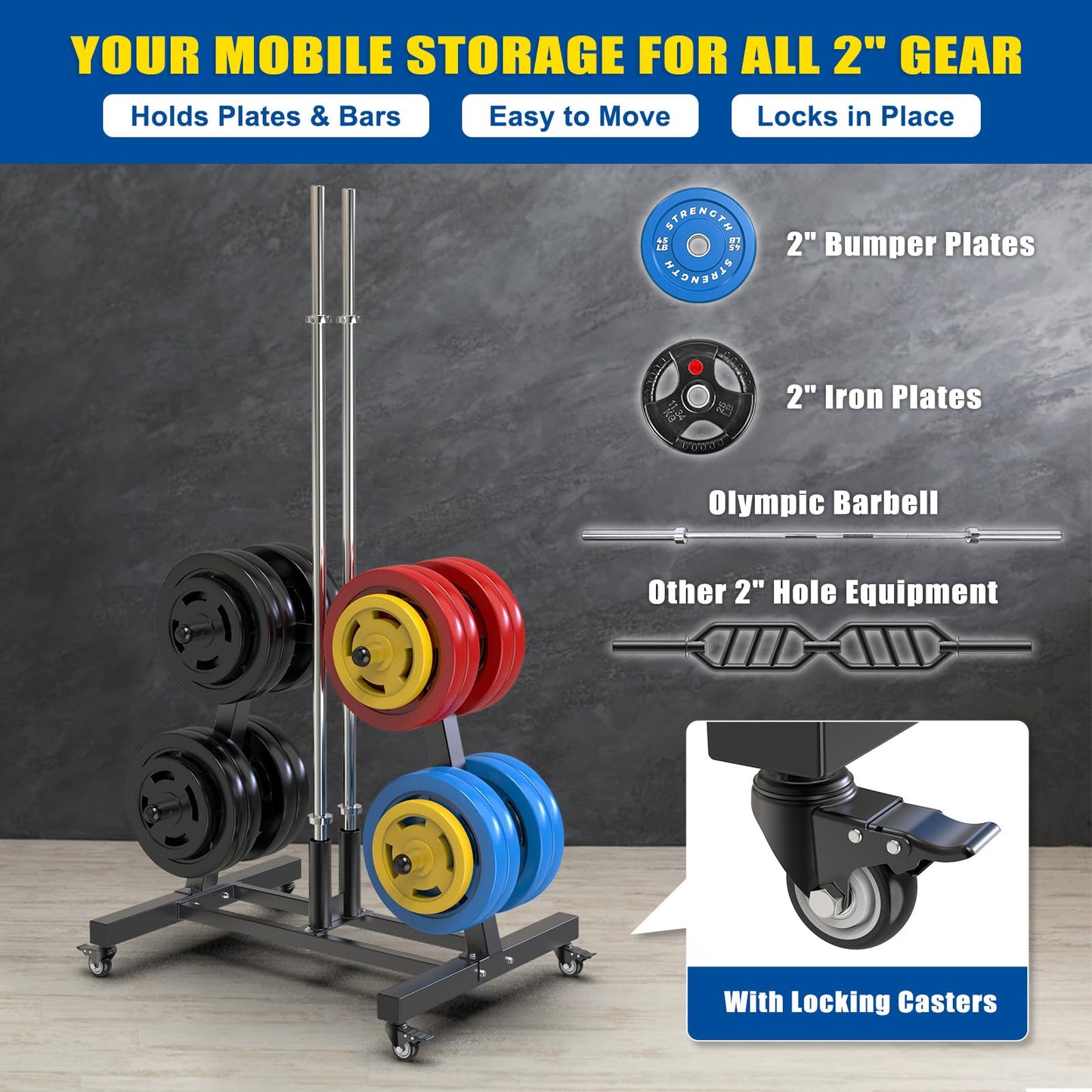 Kipika Weight Plate Tree Rack, Weight Holder for 2 inch Olympic Weight Plate & 2 Barbell Holders, Heavy Duty Bumper Plate Storage Organizer for Home Gym with Optional Wheels (B-Black (with Wheels, 550 LBS))