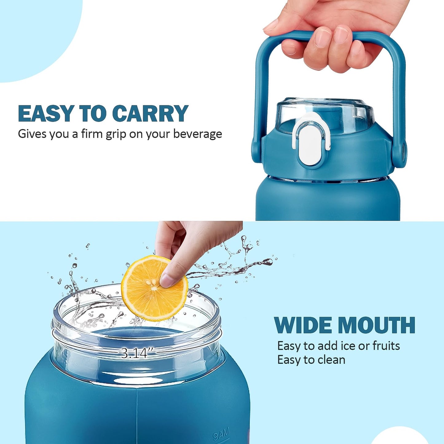 kytffu 64oz Glass Water Bottles with Straw, Half Gallon Motivational Glass Bottle with Silicone Sleeve and Time Marker, 2L Leakproof Large Glass Water Jug for Gym Home Office,Iron Blue