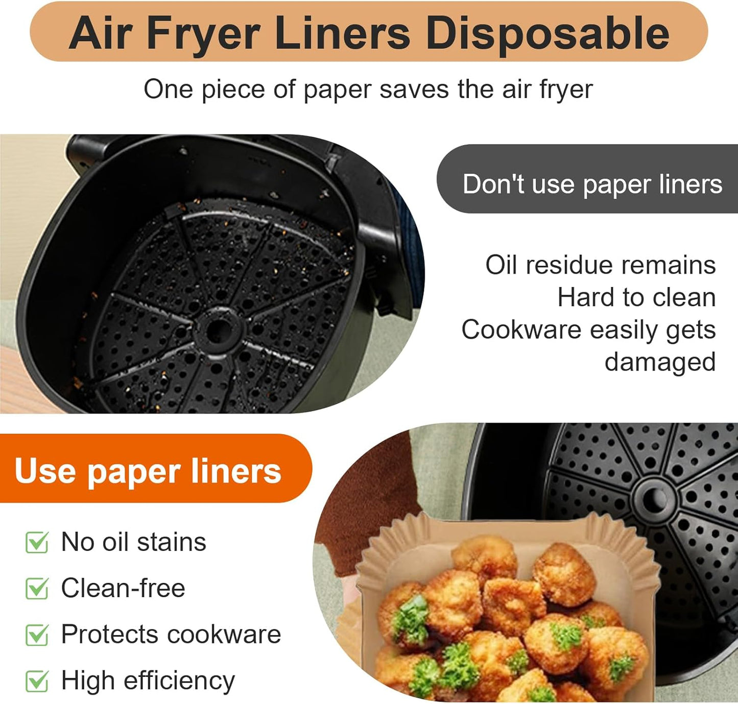 Skiennix Air Fryer Paper Liners - 500 Pcs Non-Stick Parchment for 5-8 QT Air Fryers | 8” Square Size