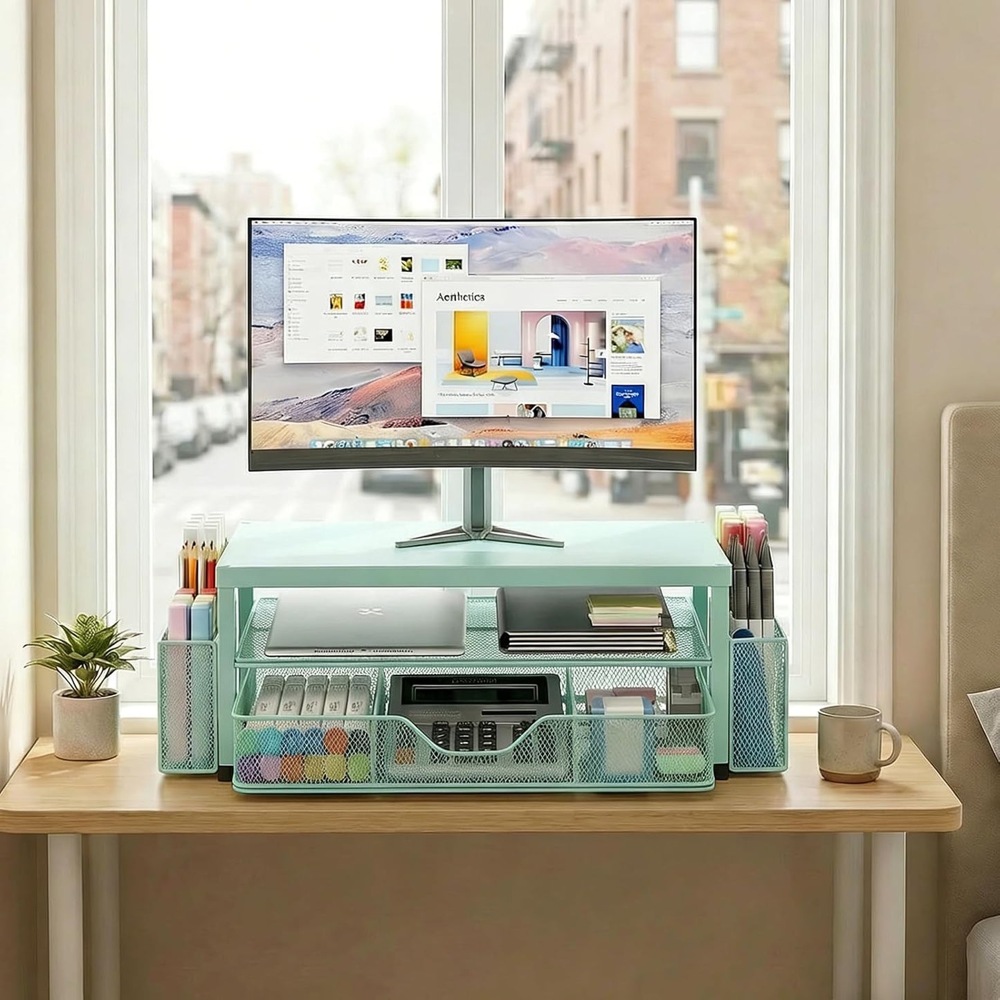 2 LEKETREE Tier Monitor Stand, Computer Monitor Riser, Office Desk Accessories, Desk Organizer Desk Shelf Printer