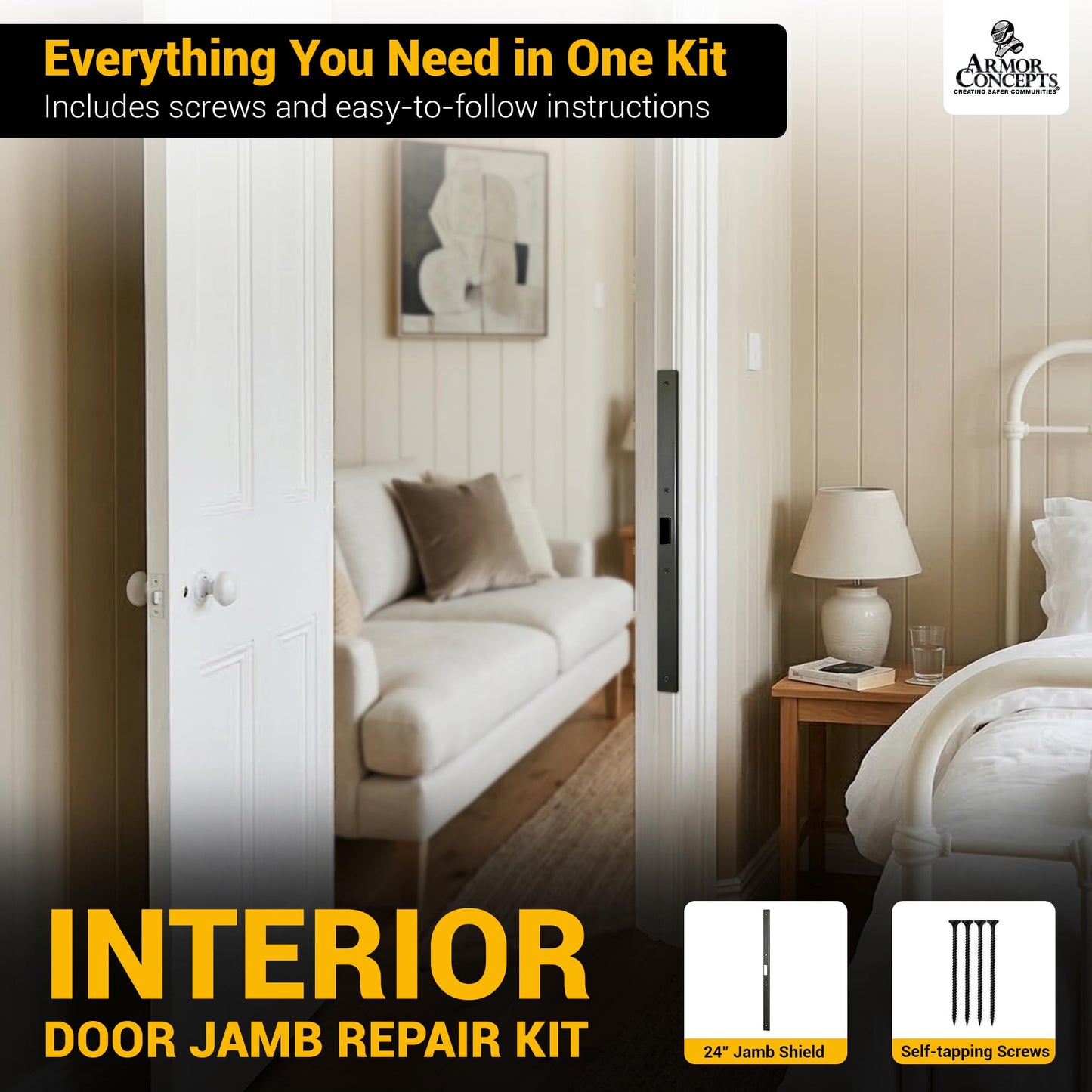 Armor Concepts FIX-A-JAMB 24" Interior Door Jamb Repair Kit – Door Frame Reinforcement, Heavy-Duty 18-Gauge Galvanized Steel, for Bedroom, Bathroom & Closet Doors, Aged Bronze
