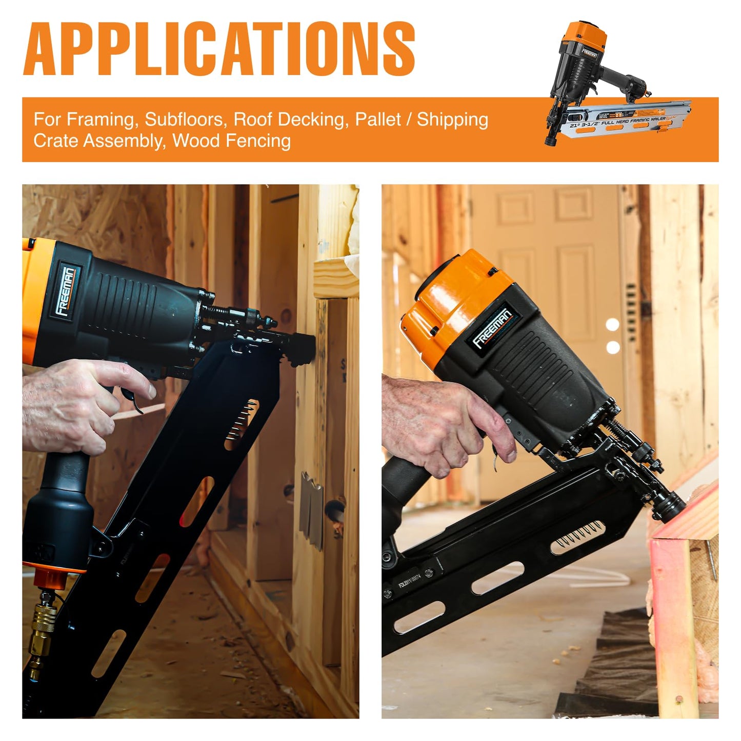 Freeman Pneumatic 21 Degree Framing Nailer with Nails | 2" – 3-1/2” Full Round Head Nails | Anti-Dry-Fire, Dual Trigger, Depth Adjust, and Comfort Grip | PFR2190NQ