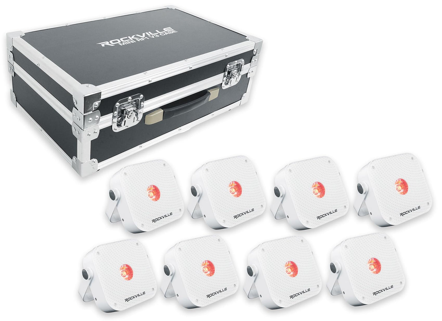 Rockville8 Pack MINI RF1 V3 Charge Package White LED Par Wash Up Lights with Charging Case, RGBWA+UV, App, Wireless DMX, Rechargeable, Perfect for DJ/Events