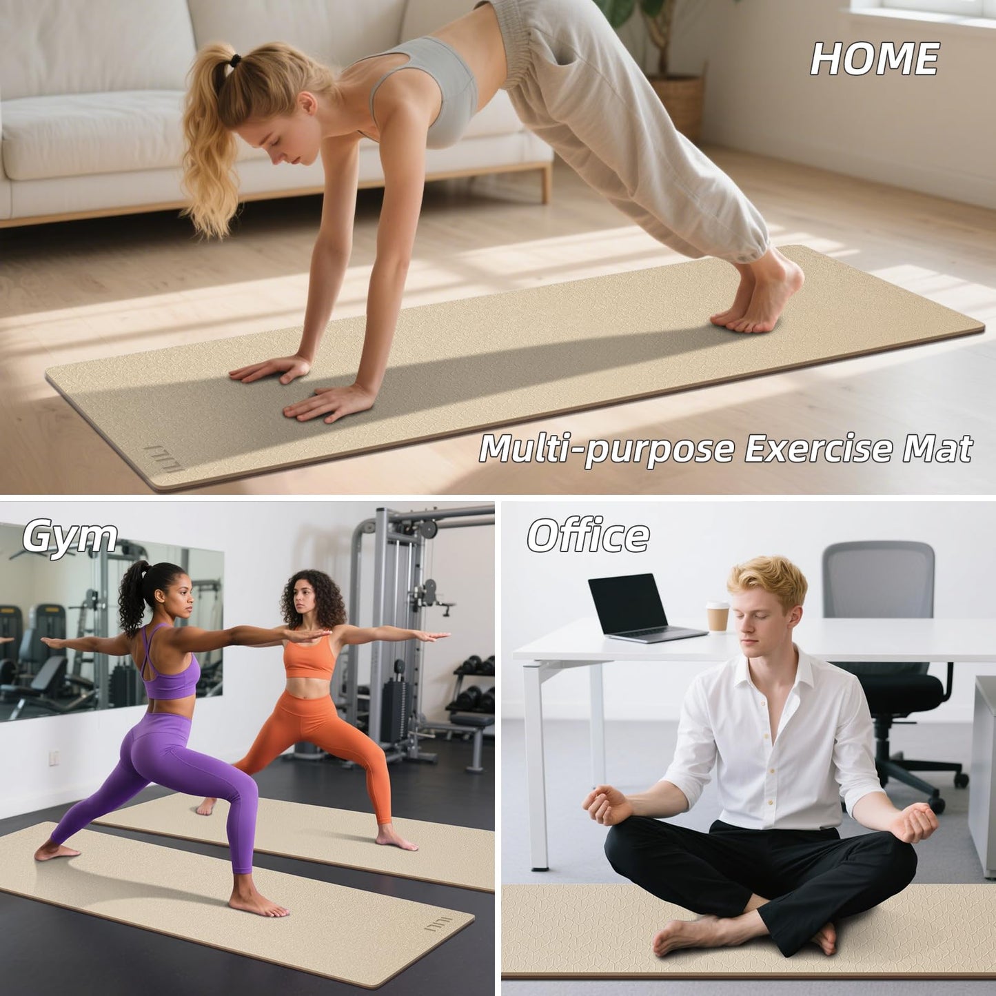ILILI Yoga Mat 10mm Extra Thick and Extra Long, 76x28×0.4 Inch, Double Color Non-Slip TPE Material, Easy Carrying with Strap, Ideal for Yoga, Pilates, Floor Exercise, Home and Outdoor Use, Eco Friendly (Beige+Brown)