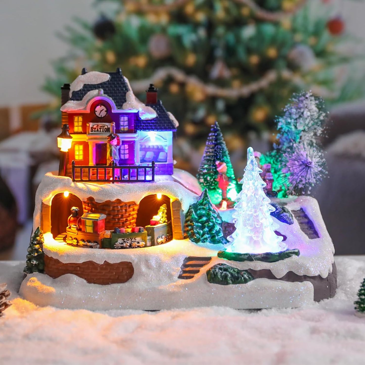 Wonder Garden Christmas Village Houses - Lighted Musical Railway Station with Moving Train & Animated Figurines for Indoor Decor