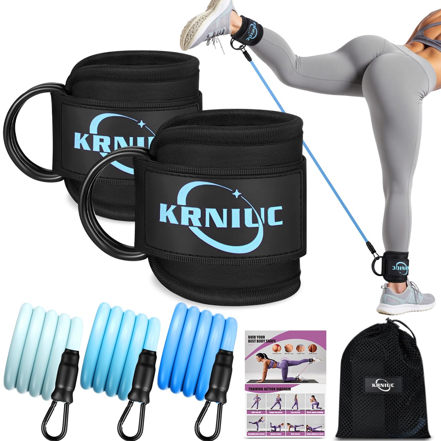 KRNIUC Ankle Resistance Bands, Home Gym Workout Equipment for Women Booty Workouts, Kickbacks, Hip, Leg and Glute Fitness, Includes Exercise Guide, Travel Pouch, Perfect for Home, Gym or Travel