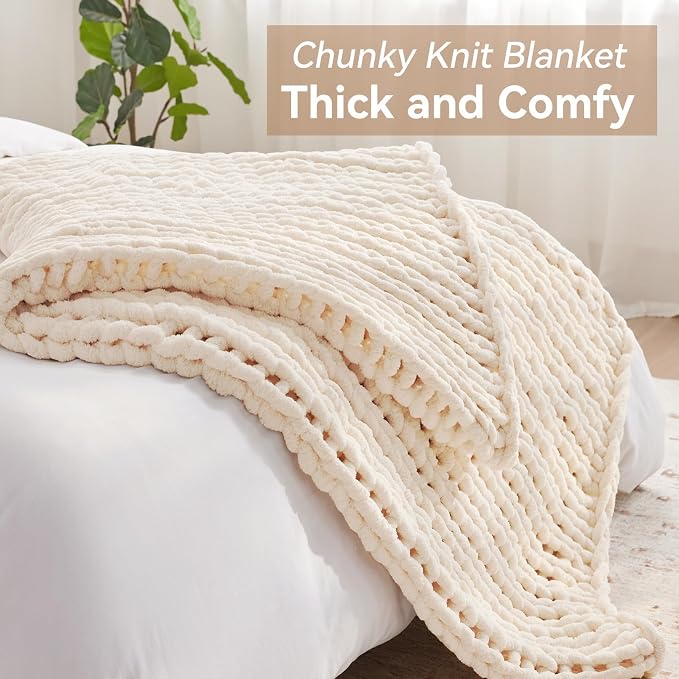 Negwoo Chunky Knit Throw Blanket, 60''*80'' Knitted Throw Chenille Yarn for Bed Couch, Handmade Cream Crochet Big Thick Blanket, Machine Washable Cute Comfy Blanket for Home Decor