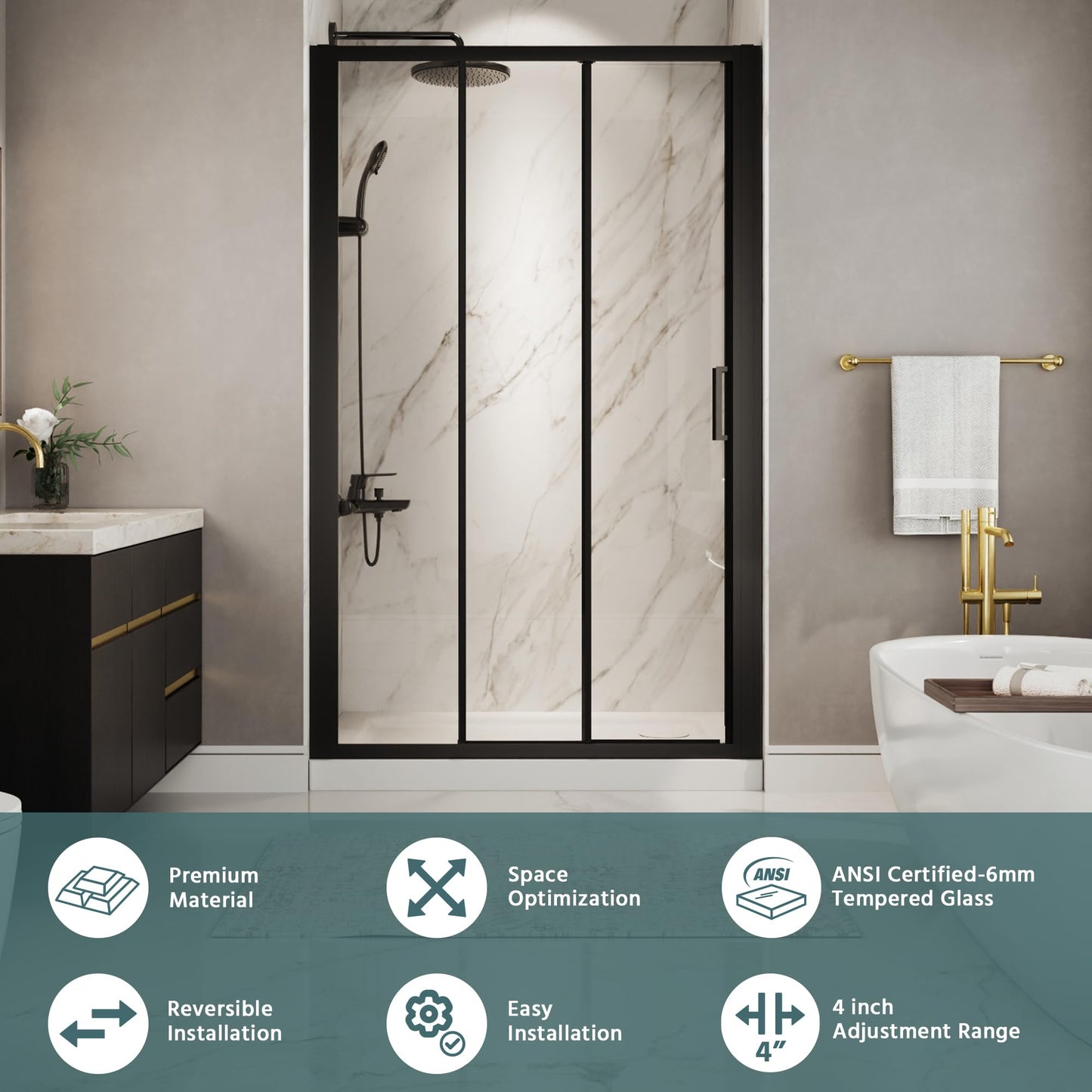 ComfyStyle 44"-48"W x76''H Tri-Fold Sliding Shower Door, Wide Walk-In Opening, Space-Saving Triple Shower Doors with Flexible Folding Glass Panels, Hidden Roller System, 6mm SGCC Tempered Glass, Black