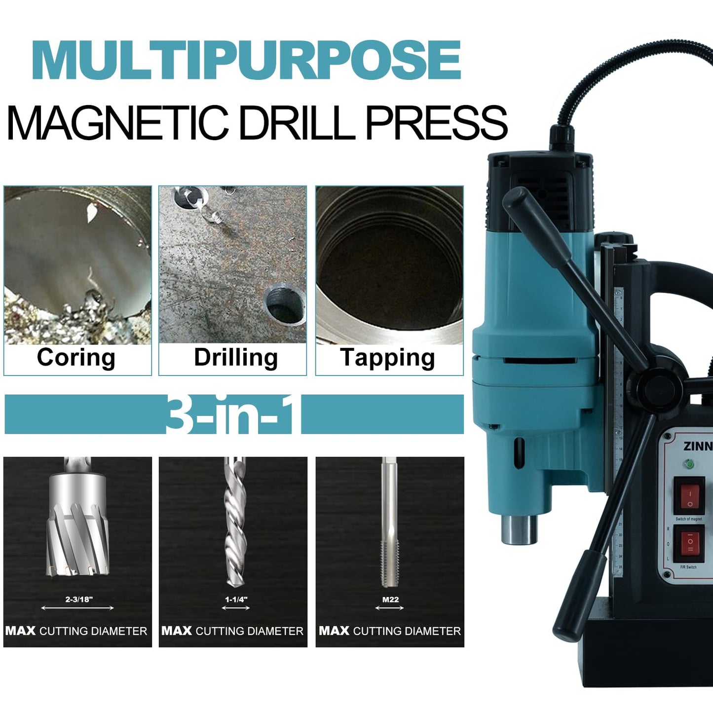 Zinnore Mag Drill Press, 1800W Magnetic Drill, 2-3/18 inch Max Boring Diameter, 3370lbf/15000N Mag Force, Portable Electric Mag Drill Press for Metal Surface
