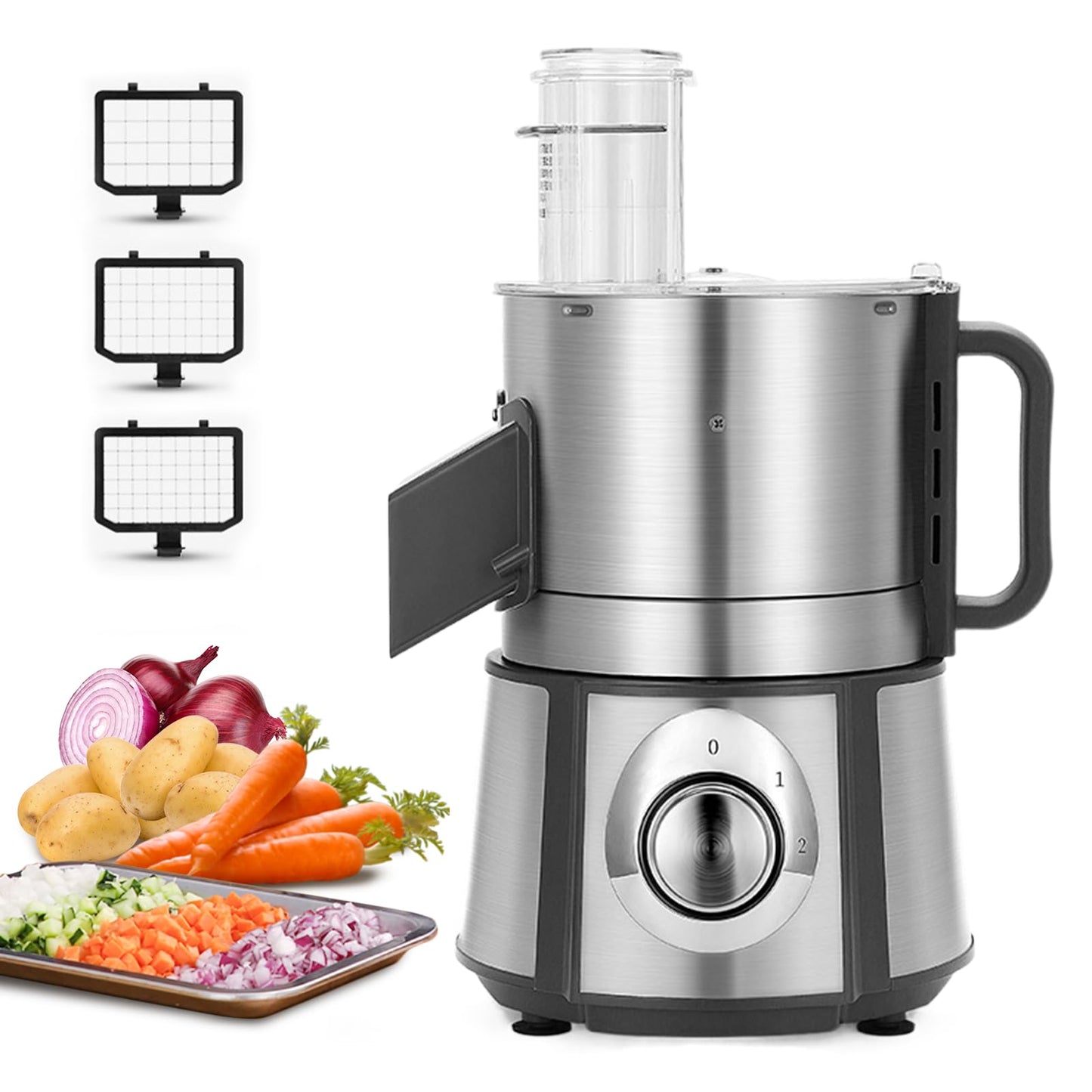 Anatole Electric Vegetable Dicer Stainless Steel Food Processor 16-Cup 300W Commercial Veggie Chopper Heavy Duty Fruits Cutter with 1/4" 3/8" 1/2" Blades Auto Discharge for Carrot Potato Onion