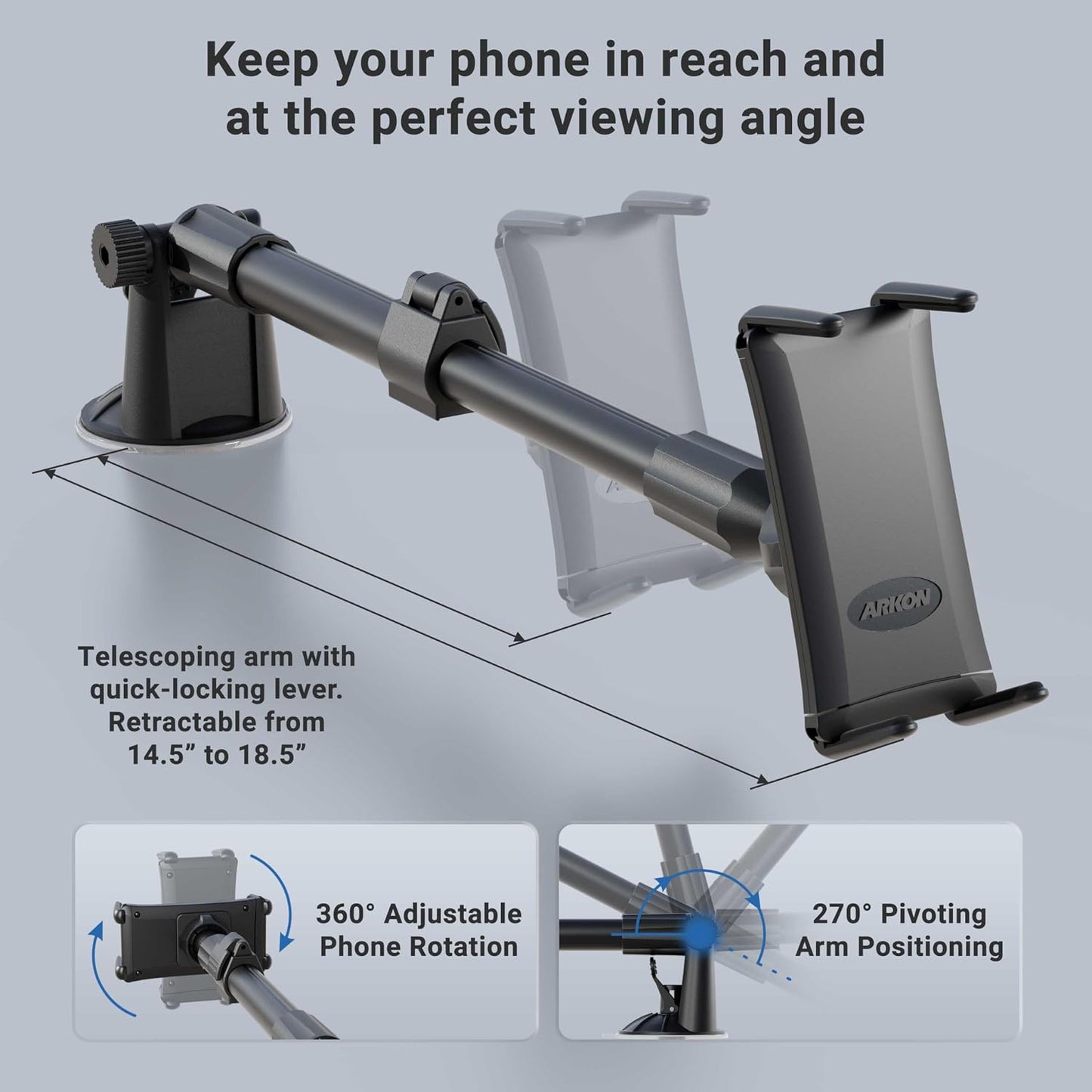 ARKON 7.25 inches Mounts - Phone Mount for Car | Car Phone Holder With Windshield Suction | Secure spring holder