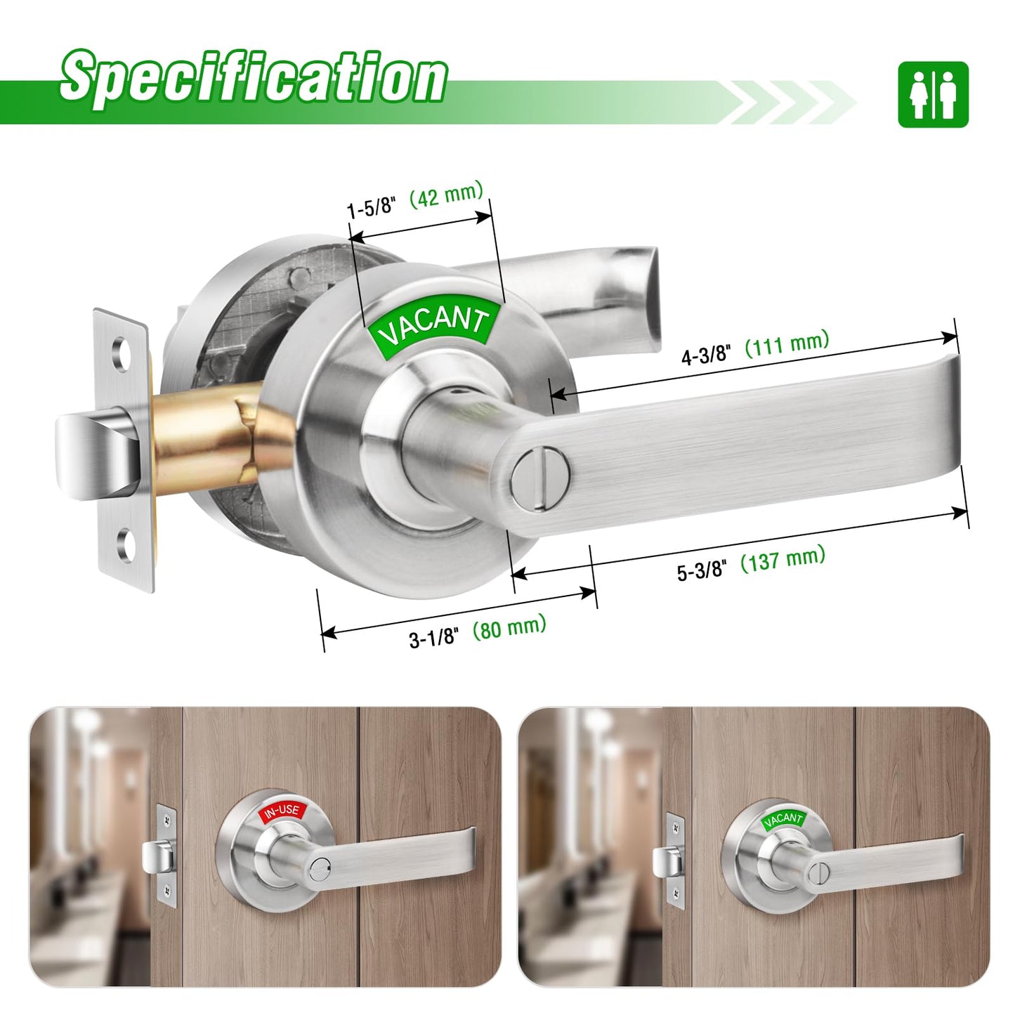 Feeloco Vacant Occupied Bathroom Door Lock - Stainless Steel Privacy Door Handle with Indicator Sign, Fits 1-3/8" to 2" Door, ANSI Grade2 Commercial Door Locks for Restroom Stall, Office, Gym (Silver)