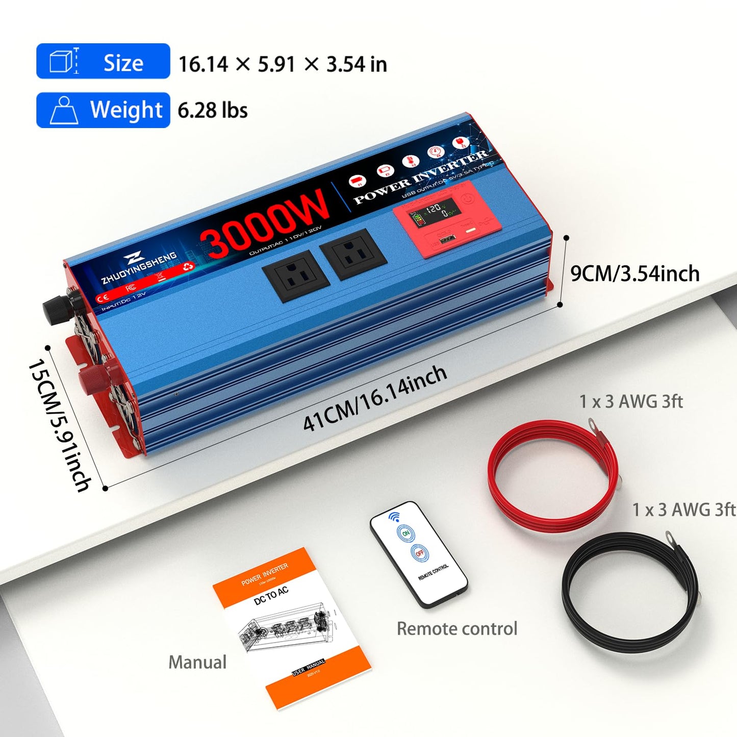 3000 Watt Inverter 12V DC to 120V AC Converter with LCD Display & Remote Control - 2 AC Outlets, USB 3.0 + Type-C Ports, Car Power Inverter Compatible with RV, Truck, Home, Off-Grid & Solar Systems