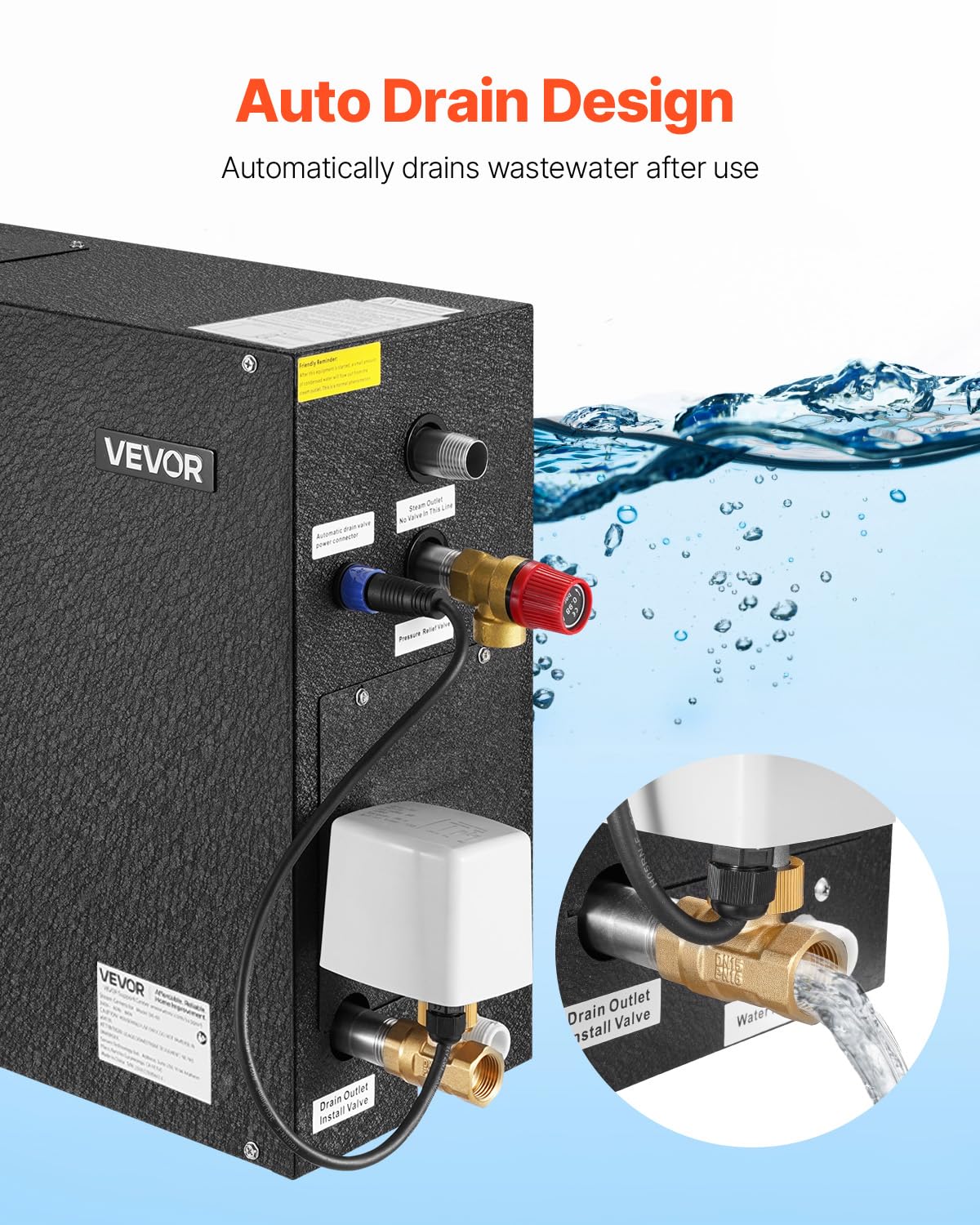 VEVOR Steam Generator, 6 kW Steam Shower System with Controller for Home Sauna & Spa, Commercial Auto Drain Kit with Overheat, Dry-Run & Overpressure Protection, 10min to 24h Timer, Black