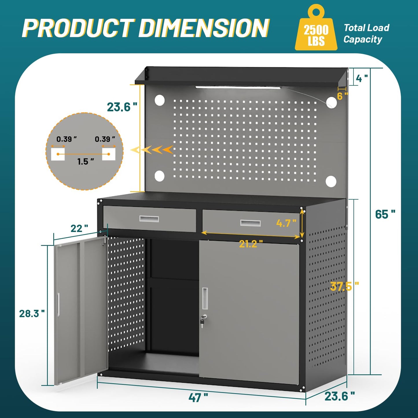 65" Heavy Duty Workbench with Drawers and Lockable Storage Cabinet- 2500 LBS Capacity Work Bench with Pegboard,Work Table with Adjustable LED Light for Garage,Workshop and Repair Shop