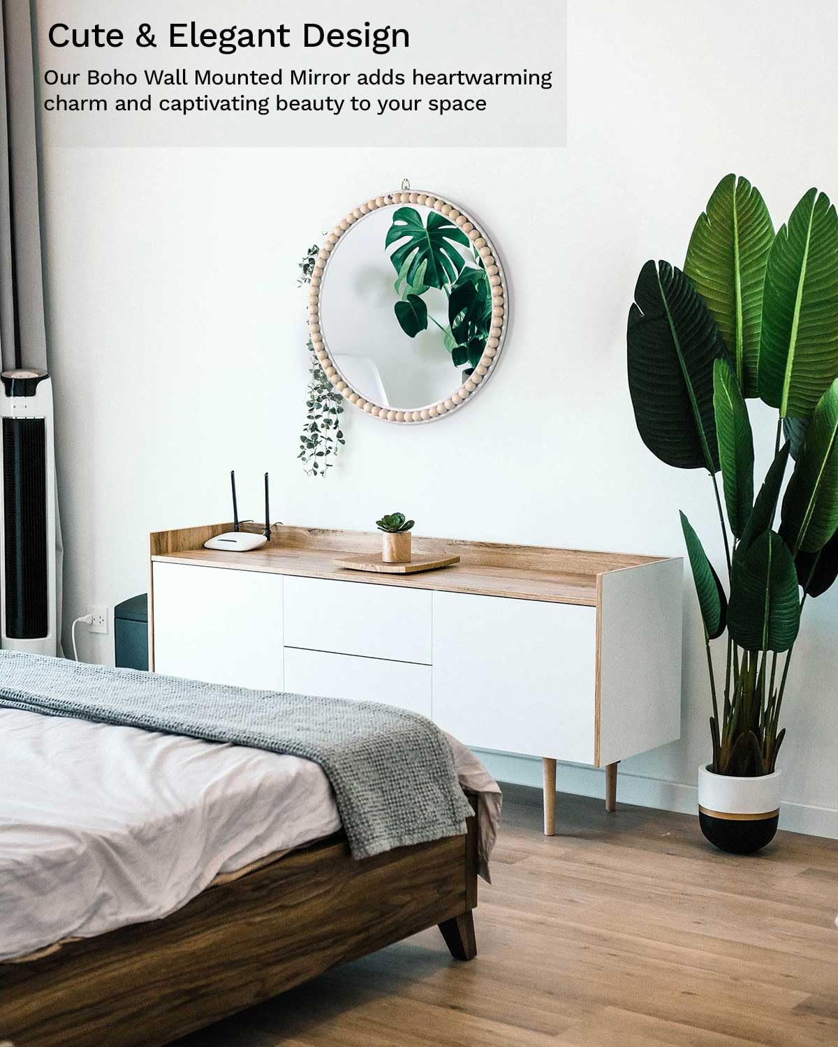 Poeme Boho Wall Mounted Circle Mirror, Wooden Round Wall Decor for Bathroom Living Room Bedroom, Decorative Hanging Farmhouse Nursery Furniture (17 Inch)