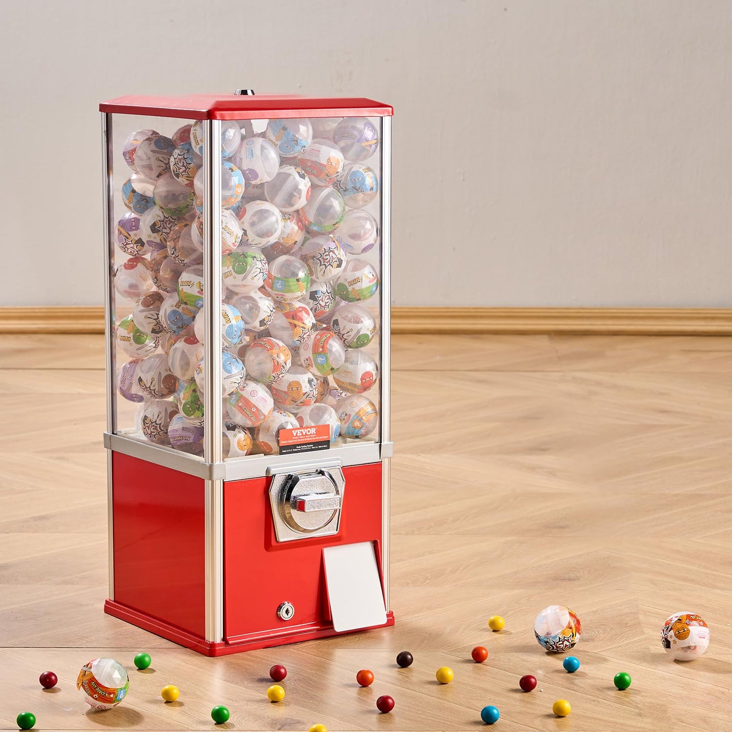 VEVOR Gumball Machine for Kids, 25" Height Home Vending Machine, PS Bouncy Balls Dispenser, Hold 230 Capsule Toys, Rectangle Bubble Gum Machine for Game Stores, Coin Operated Gumball Bank, Red