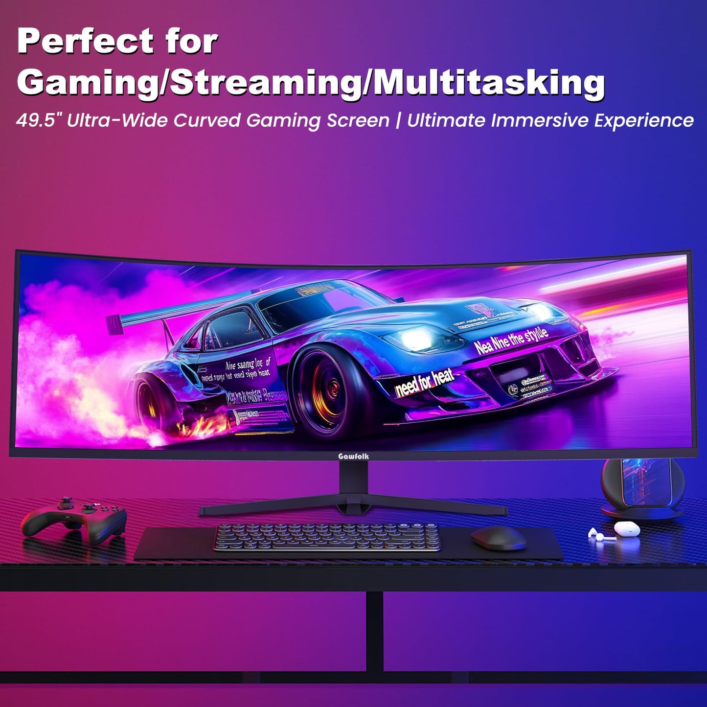 Gawfolk 49 Inch Ultrawide Curved Gaming Monitor, 1500R DUHD 5120×1440 PC Screen, 240Hz Computer Dispaly with Freesync, Wall Mountable