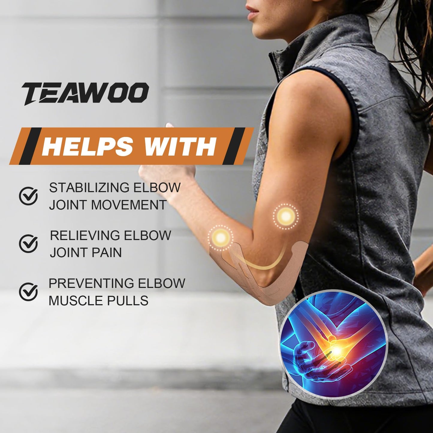 TEAWOO Precut Kinesiology Tape for Elbow, 24Pcs, Waterproof Breathable Athletic Tape, Enhanced Adhesion & Elasticity, Elbow Pain Relief Support for Sports & Daily Use