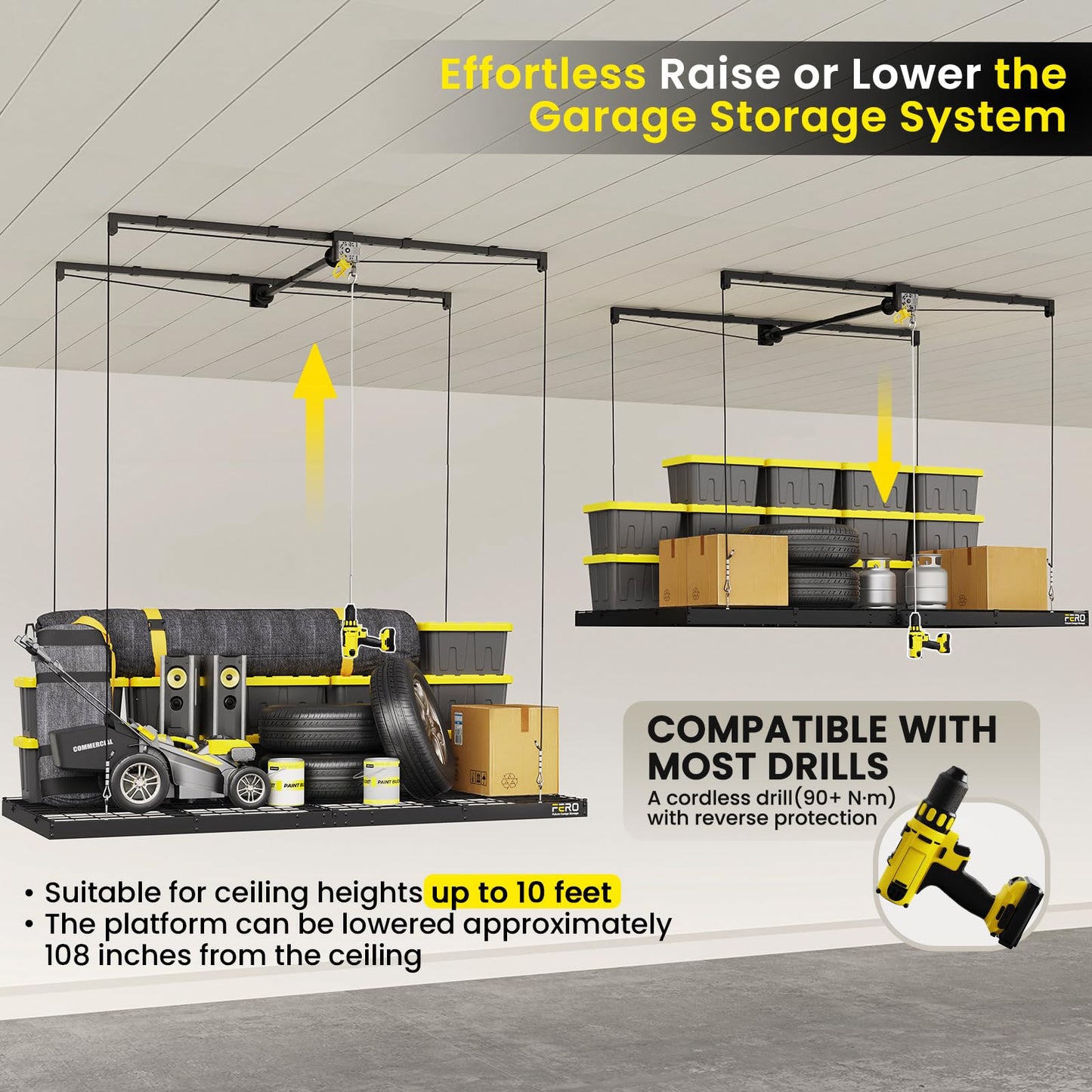 FERO Overhead Garage Storage Rack 4x8, 500 lb Heavy-Duty Capacity, Ceiling Mounted Storage Lift with Safety Lock, Drop Down Overhead Storage System, Garage Ceiling Hoist Organizer