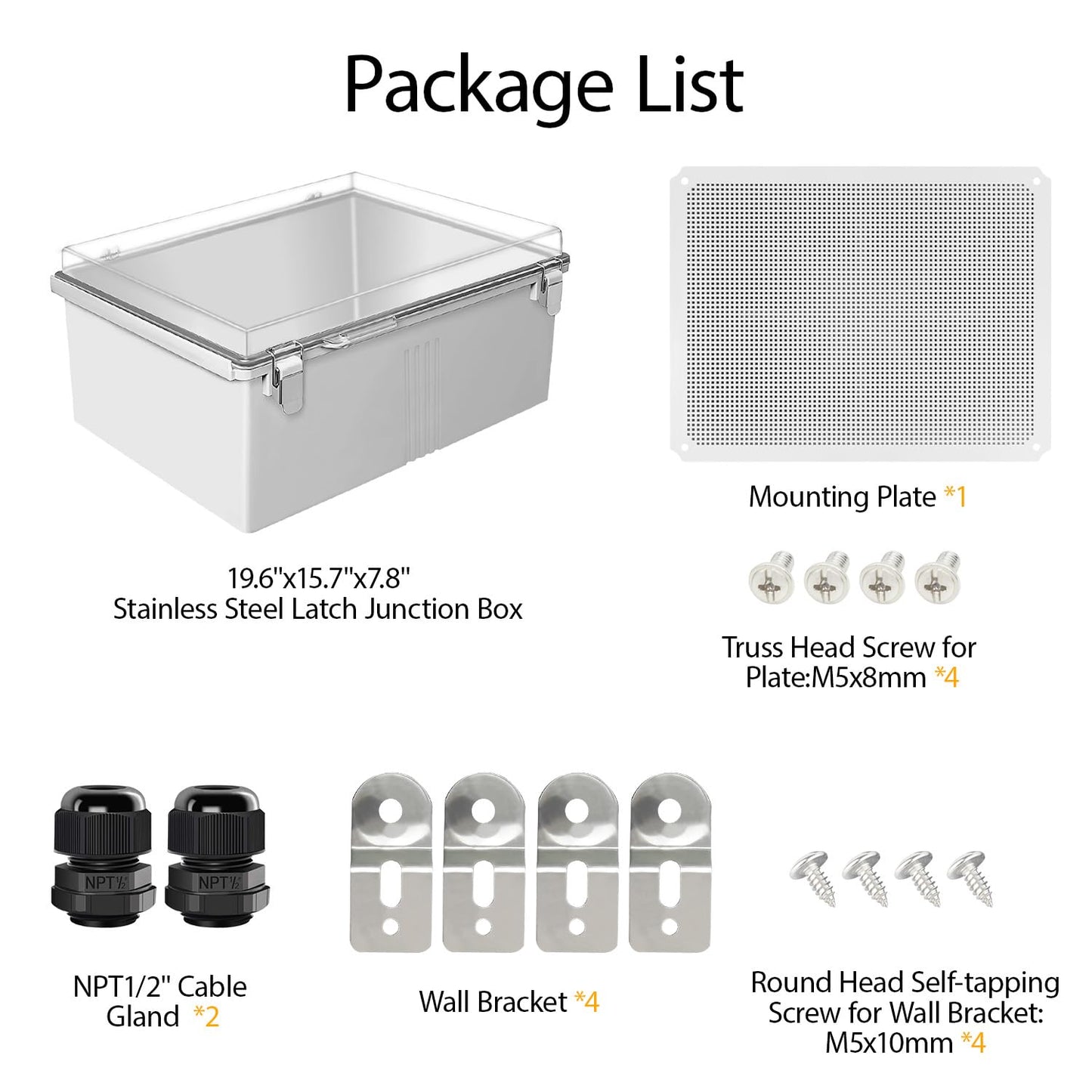 LeMotech Electrical Box, IP67 Waterproof Hinged Clear Cover Stainless Steel Latch Junction Box, ABS Plastic Electrical Enclosure with Mounting Plate,Wall Brackets, Cable Glands,19.6"x15.7"x7.8",Grey