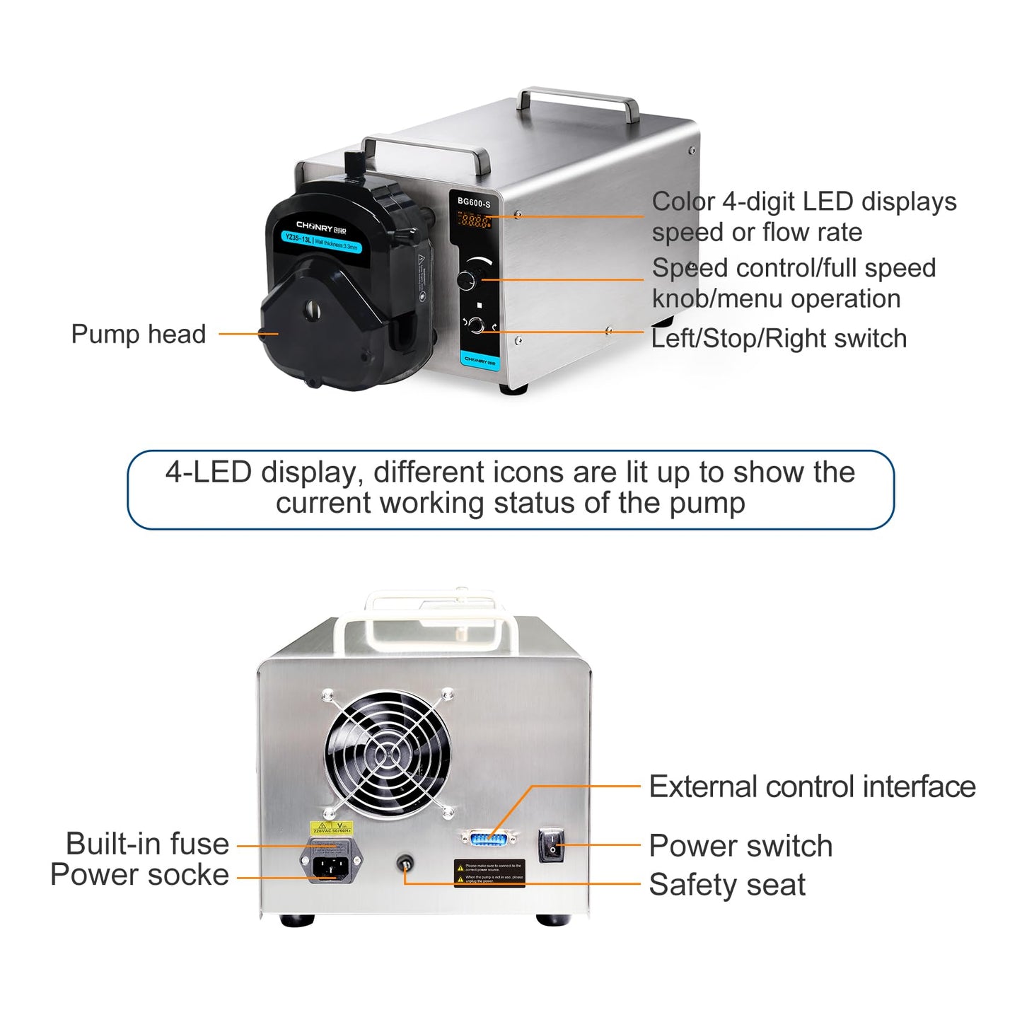 BG600-S High Volume Industrial Peristaltic Pump with Pump Head, Digital Knob Adjustment Flow Rate 1.3-12000ml/min with 2 Meter 82# Tubing High Precision Easy Operation Has Power Outage Memory Function