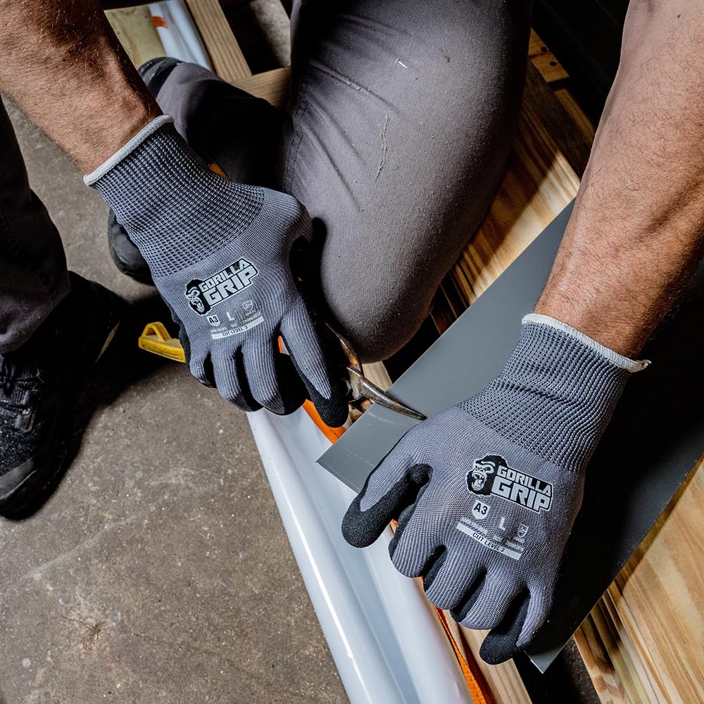 Gorilla Grip A3 Cut Resistant Work Gloves, Touschreen Compatible Safety Gloves, Breathable, Nitrile Coated, Grey - Medium (12 Pack)