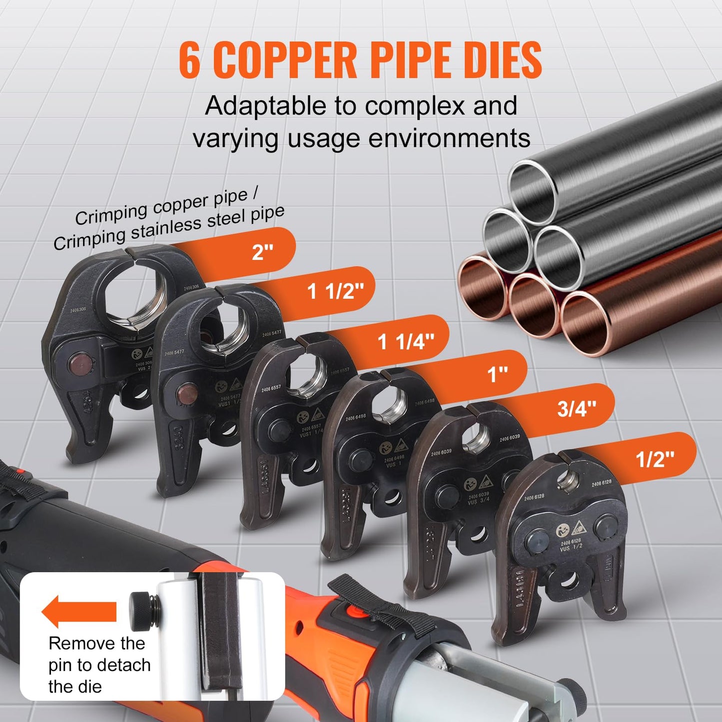 VEVOR Press Tool, 18V Electric Pipe Crimping Tool for 1/2”, 3/4”, 1”, 1 1/4", 1 1/2", 2" Copper Pipes, 32KN Press Tool Kit Compatible with ProPress - with Brushless Motor, 6 VUS Jaws, 2pcs 4AH Battery