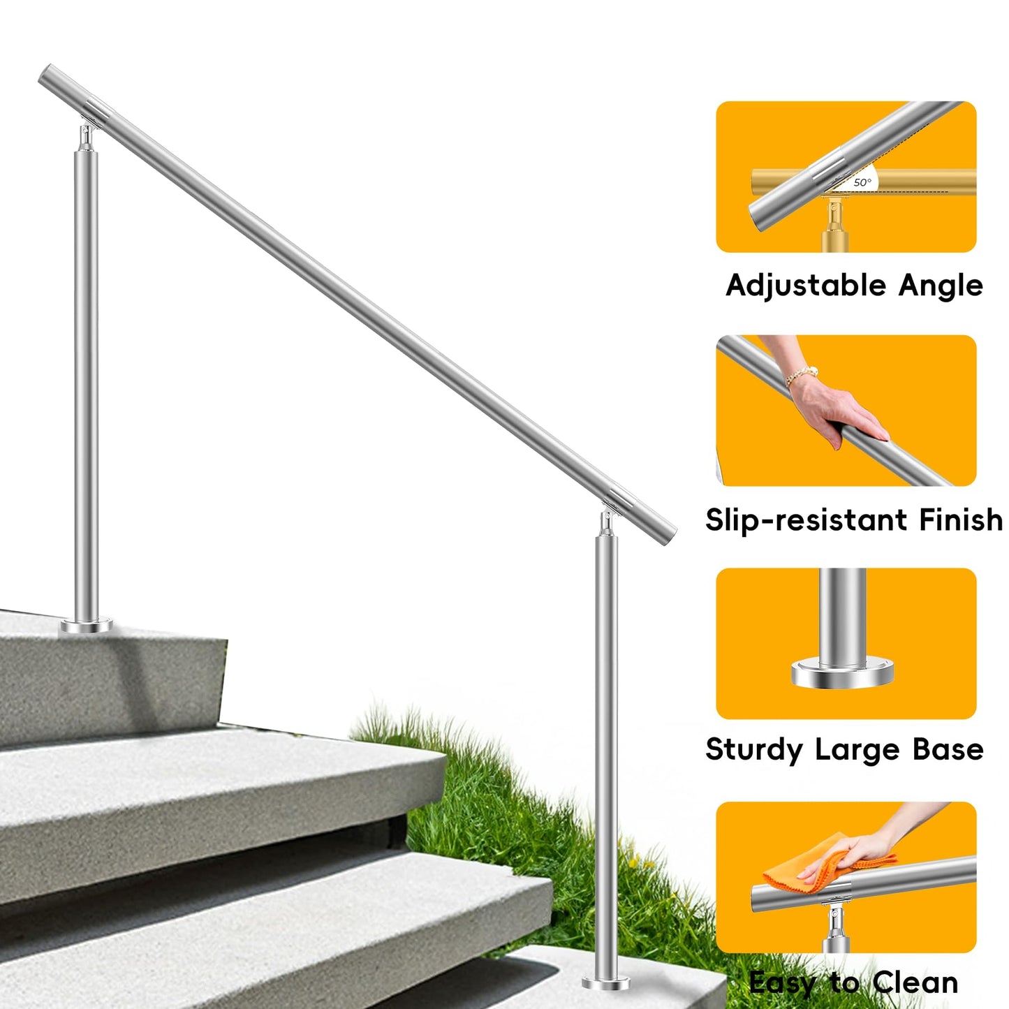 Hand Rails for Outdoor Steps – 54" L x 36" H 4-Step 304 Stainless Steel Railing Kit, Adjustable Step Railing for Concrete Steps & Porch Railing for Exterior Stairs