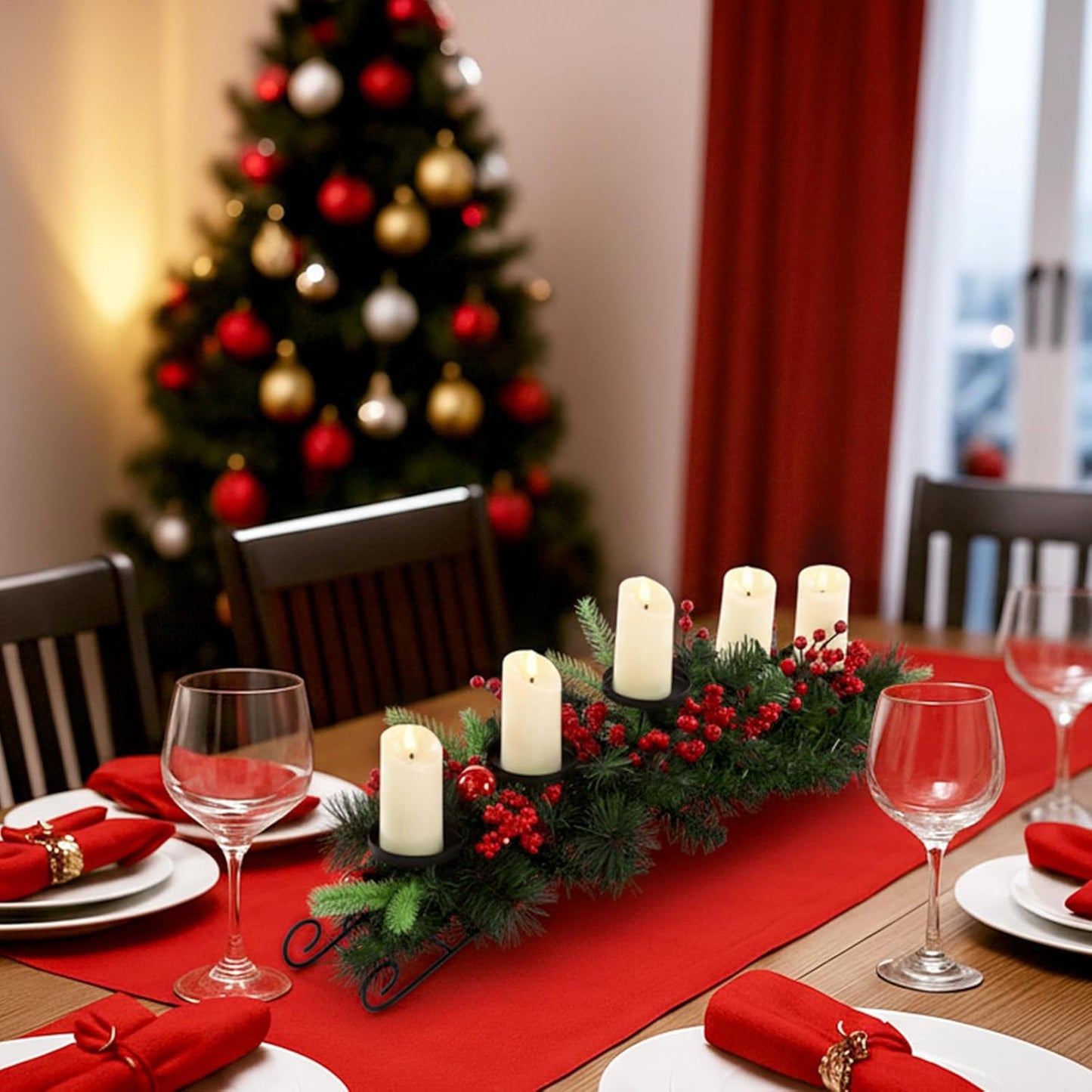 Yungyan Christmas Tabletop Centerpiece - 30 Inch with 5 Candle Holders, Norfolk Branch & Red Berries