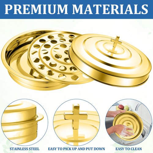 Jingmore Holy Communion Tray for Churches with Lid Communion Set Stainless Steel Cup Tray with Cover Church Supplies Not Cups Included(Gold Color)