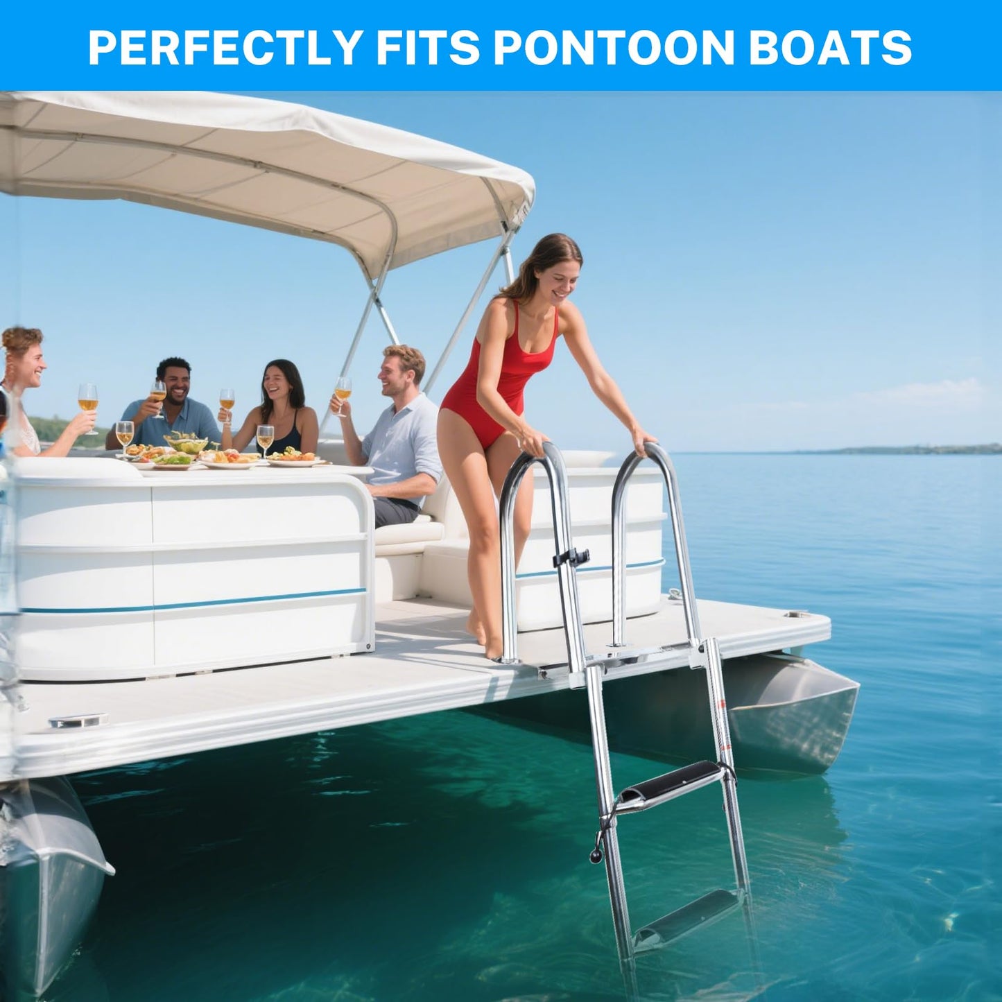 Pontoon Boat Ladder,Polished 316 Stainless Steel 4 Step Telescoping Ladder,600LBS Capacity for Sailboats,Ships,Most Swimming Pools,Docks,pontoons.