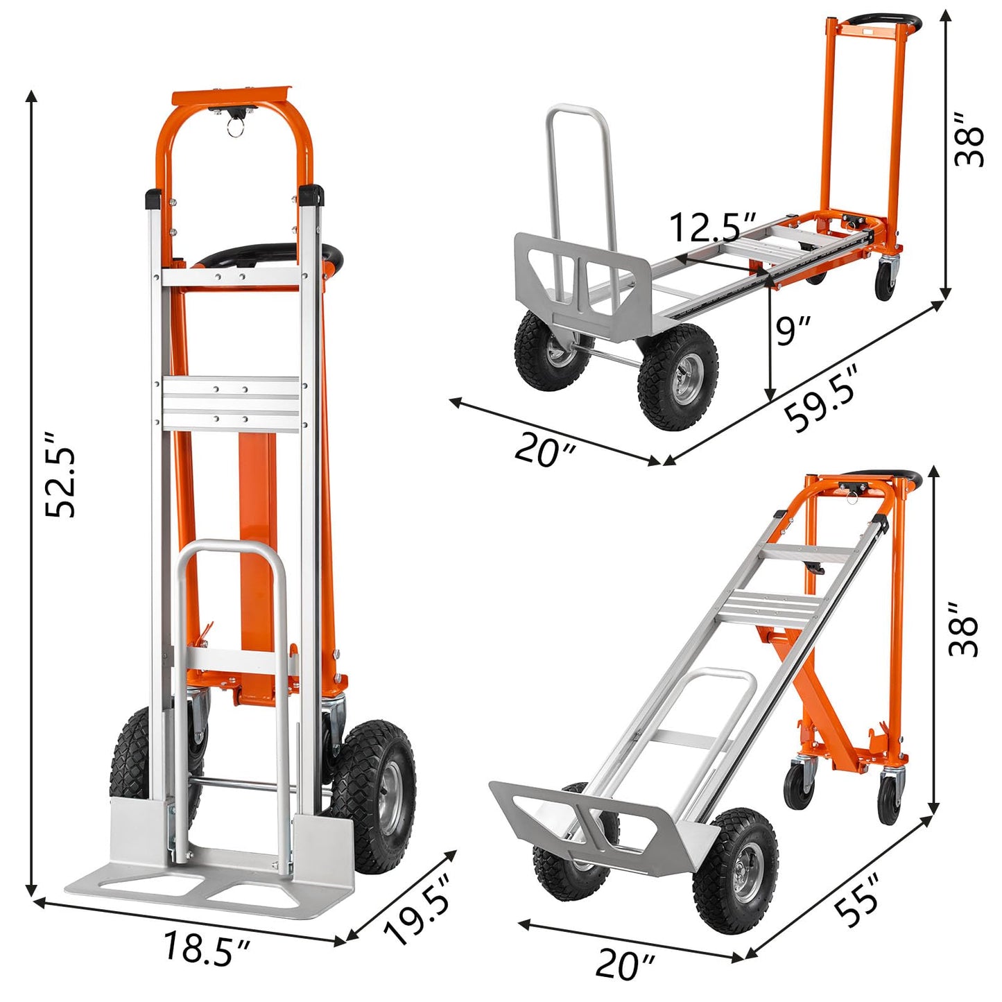 Hitgrand 3in1 Convertible Hand Truck, Aluminum Hand Trucks 880 lb Capacity, Utility Dolly Cart Converts from Hand Truck Dolly to Platform Cart 3 Positions for Transport & Moving with 10" Rubber Wheels