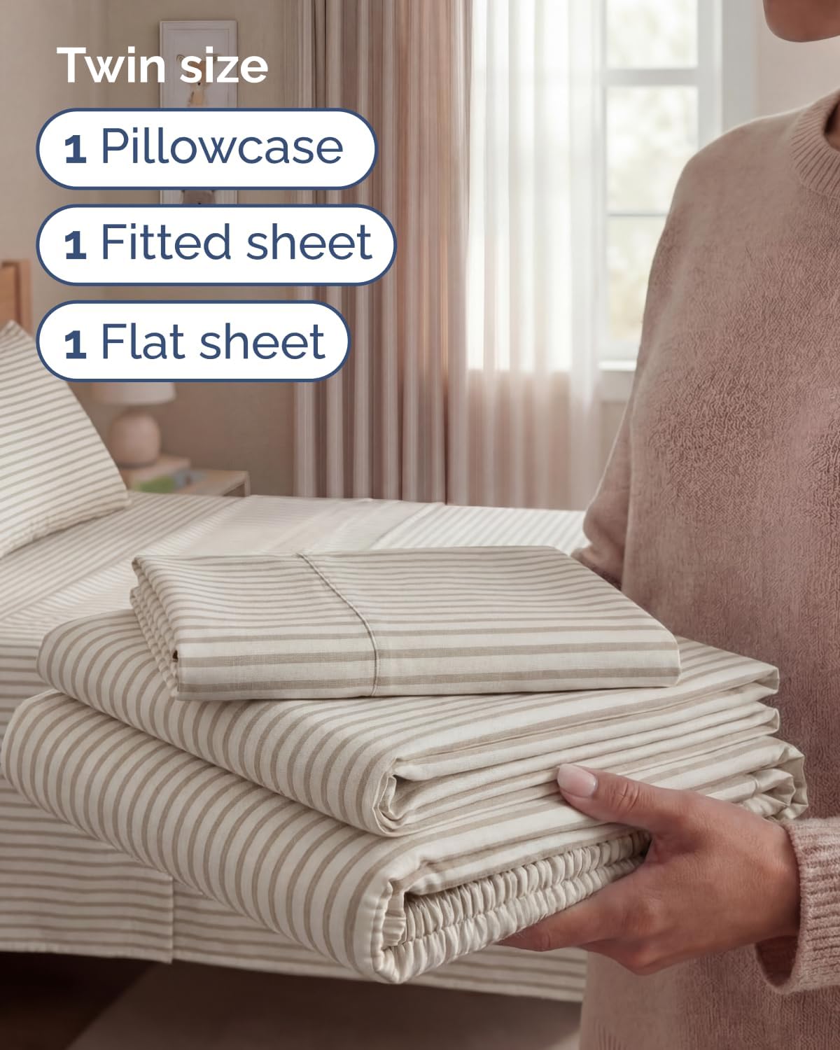 Skiennix Twin Size Sheet Set - Comfy Cooling Bed Sheets - Luxury Bedding with Deep Pockets - Beige Stripes