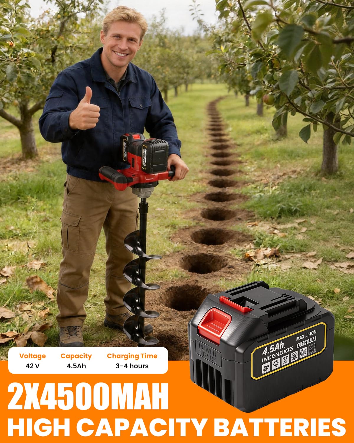 Cordless Post Hole Digger with 2x4.5Ah Batteries & Dual Chargers, 1200W 42V Brushless Earth Auger for Fence Post with 6" Drill Bit, 85Nm High Torque Electric Hole Digger for Hard Soil