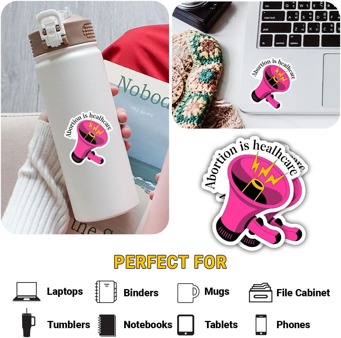 3 Pcs Abortion is Healthcare Vinyl Sticker, Pro Choice Megaphone Feminist Quote Die Cut Waterproof Sticker for Laptop