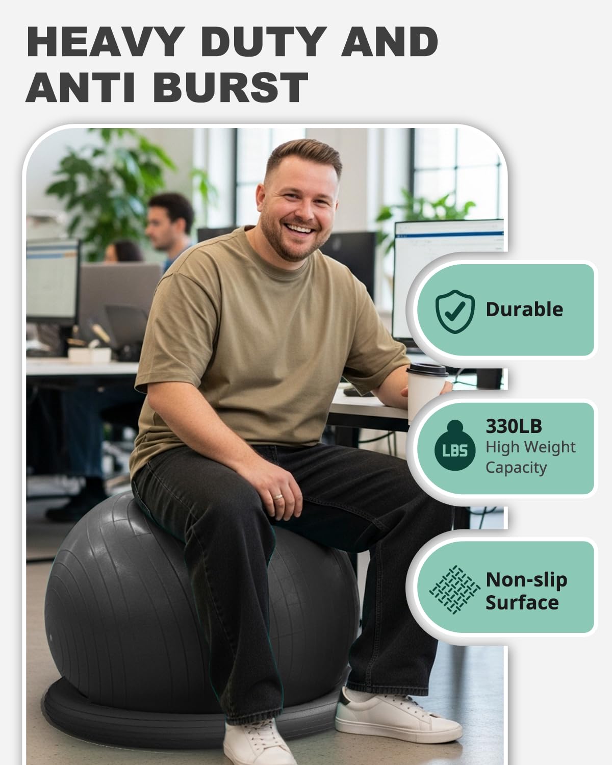 Trideer Exercise Ball for Office Desk, Yoga Ball Chair to Relieve Back Pain, Stability & Fitness Ball Seat with Base, Home Gym Core Workout, Abs, Stretching & Therapy